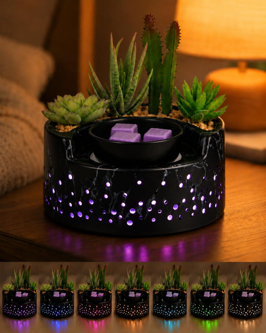 4-in-1 Ceramic Wax Warmer, Electric Scented Wax Melter with Hot Plate, 7-Color LED Candle Warmer Lamp, Aromatherapy Oil Diffuser & Succulent Marble Decor, for Yoga Room Home Office, Gift for Women