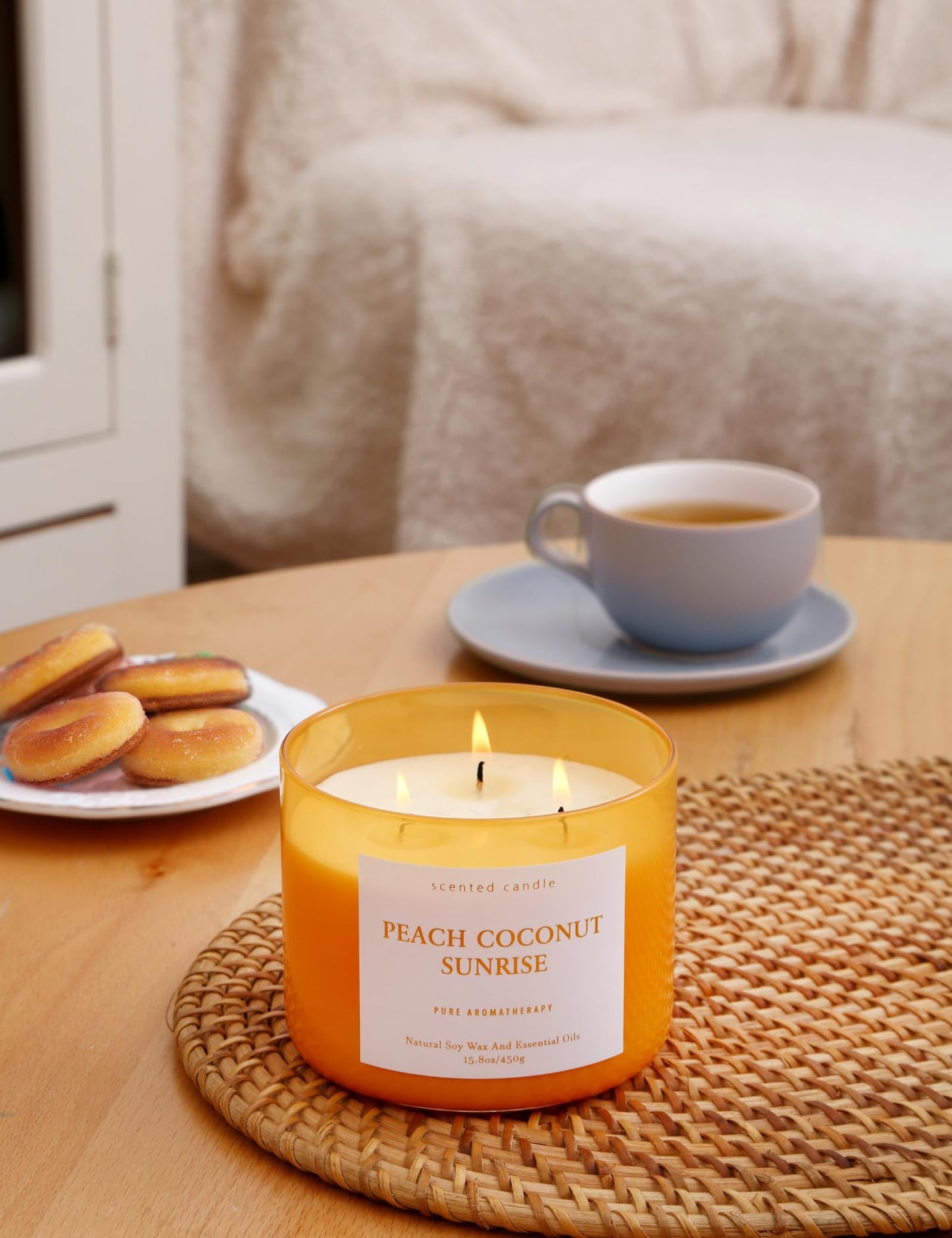 Peach Coconut Sunrise 3-Wick Soy Candle | 15.8 oz Large Aromatherapy Candle for Home | Clean Burn Long Lasting | Tropical Fruit Scent | Gift Ready