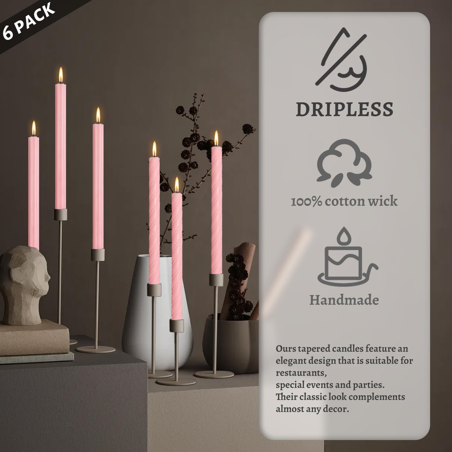Dripless Unscented Pink Spiral Taper Candles Smokeless Long Lasting Burn 10 Inch Elegant Roman Column Candlesticks for Home Wedding Decorations