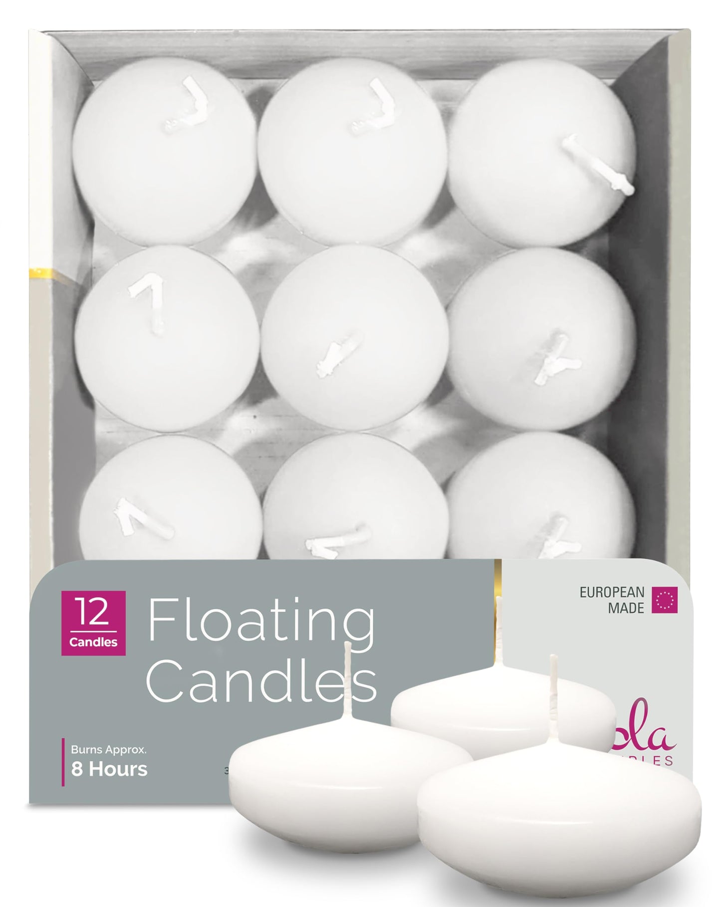 Hyoola Premium White Floating Candles 3 Inch - 8 Hour - 12 Pack - European Made