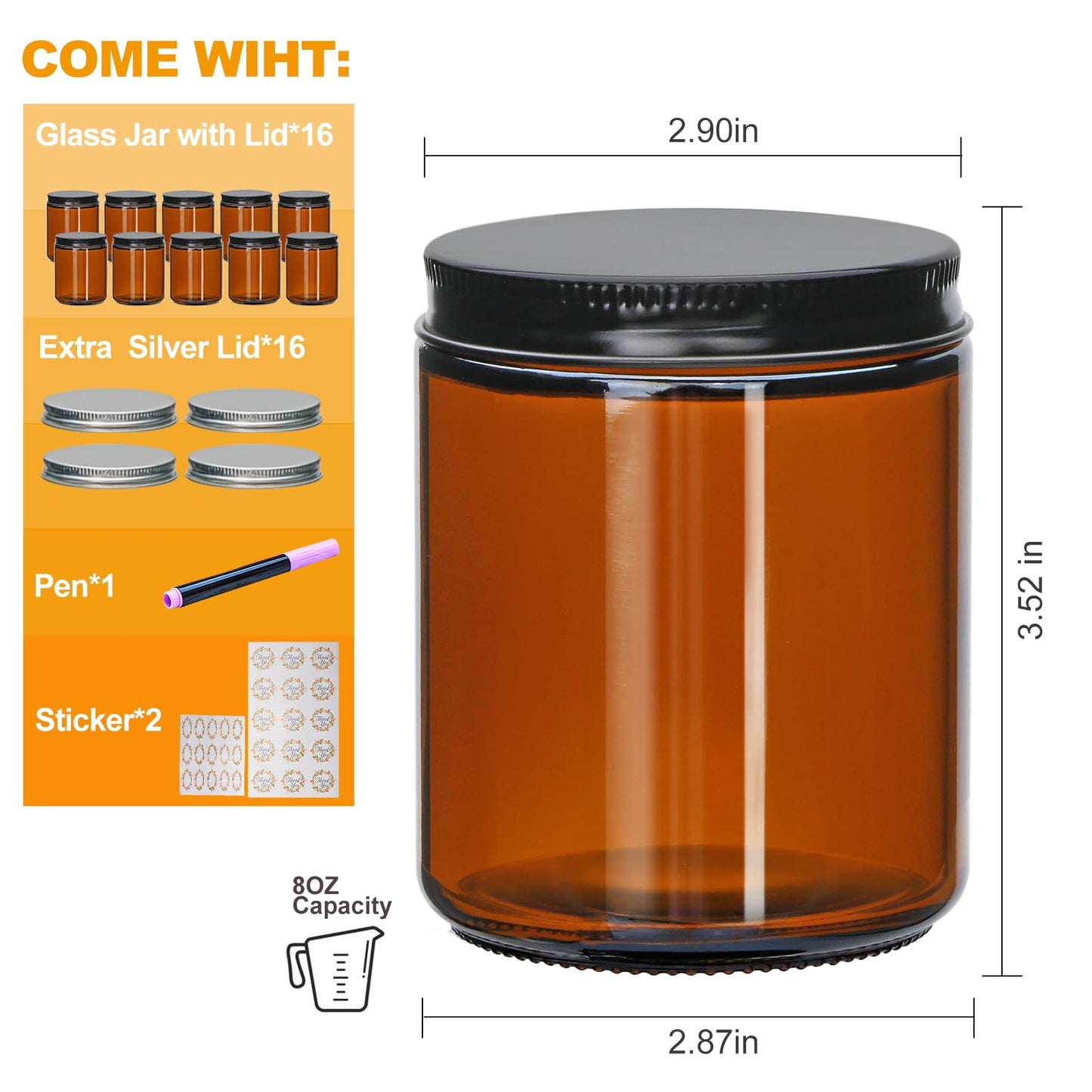 Salzesfalls 16 Pack Dark Amber Candle Jars for Making Candles,8 oz Glass Jars with Lids,Candle Jars with 16 Metal lids,Canning Jars For Candles,Spice,Powder,Liquid,Sample