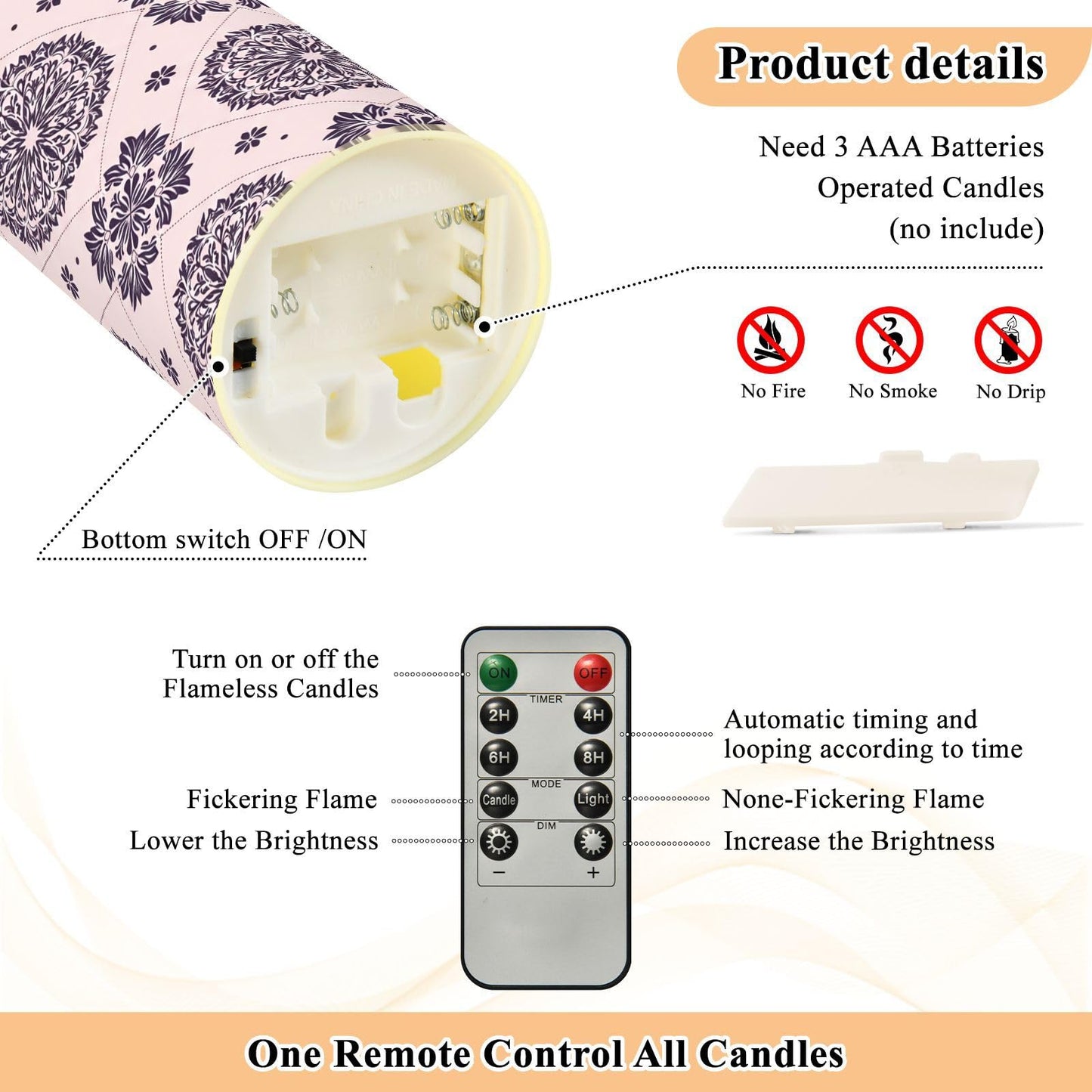 Gravopti Mandala Tile 2 Pack Flameless LED Pillar Candles with Remote & Timer, Battery Operated, Flickering Wax Candle for Wedding, Romantic Home & Party Decor