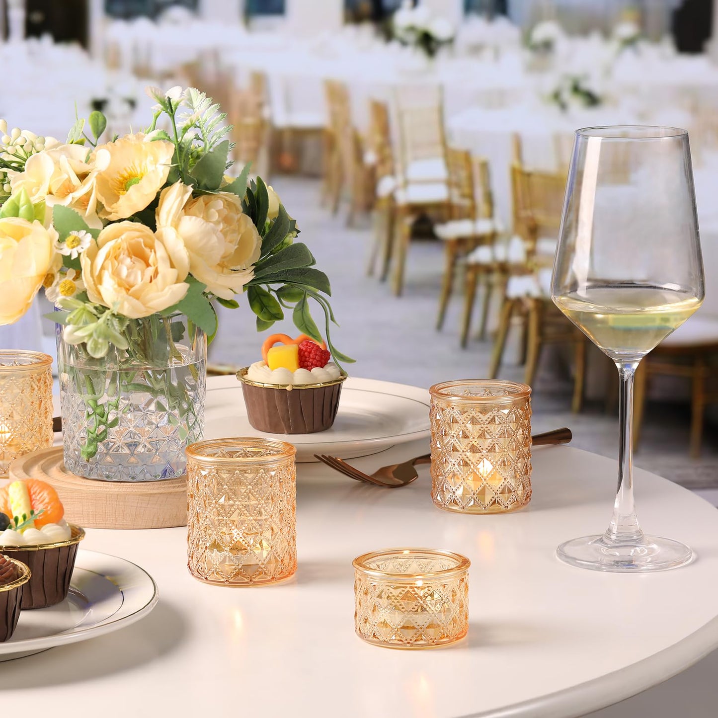 MATAHUM 20 Pcs Gold Glitter Diamond Tealight Candle Holders, Luxury Glass Votive Candle Holders Bulk, 2 Sizes for Wedding Centerpieces, Bridal Shower, Birthday, and Anniversary Party Decor