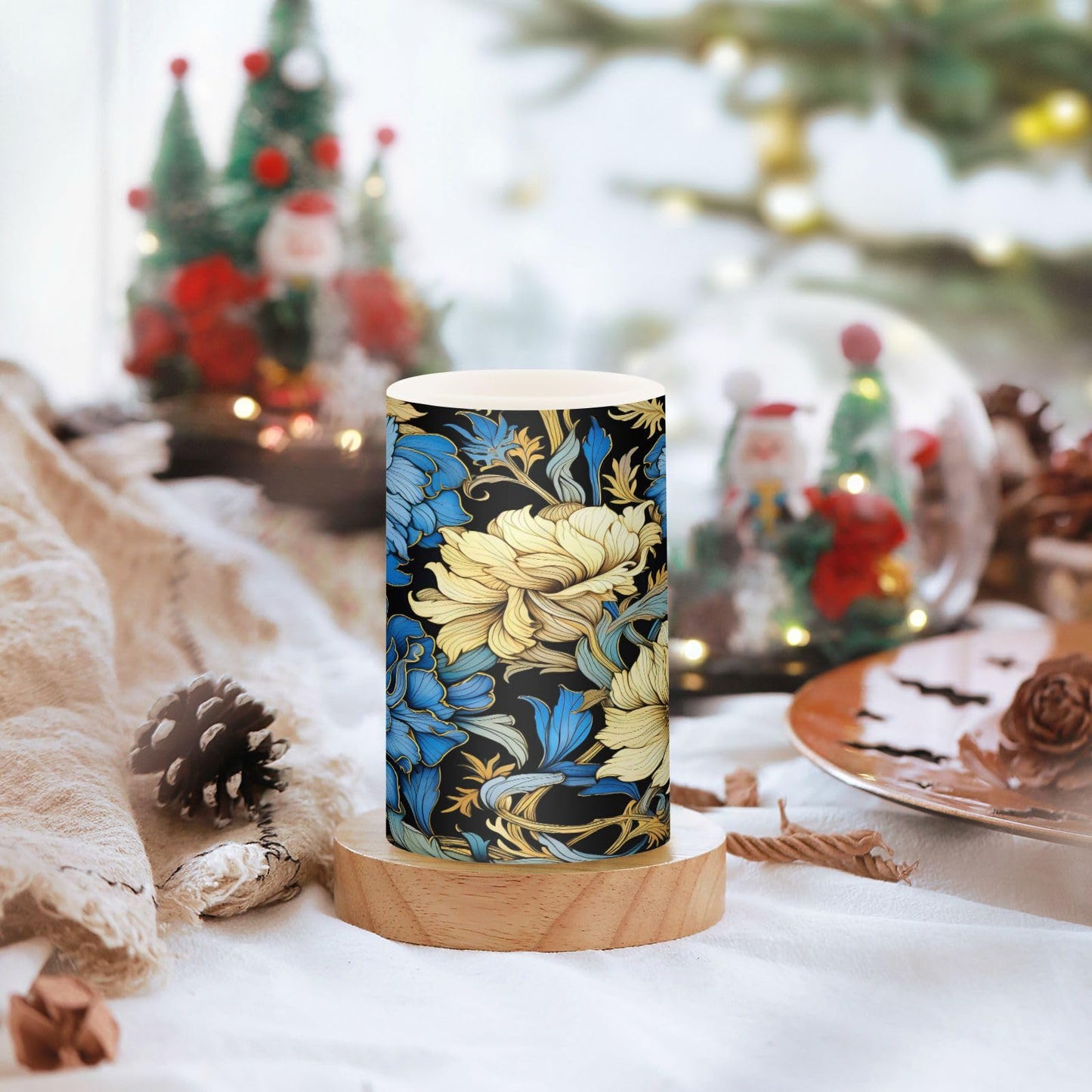 ALAZA Blue Gold Luxury Flowers Flickering Flameless Candles Battery Operated with Remote Timer,Tea Light Candles LED Pillar Votive Candles Set of 2 for Outdoor Indoor Decorations