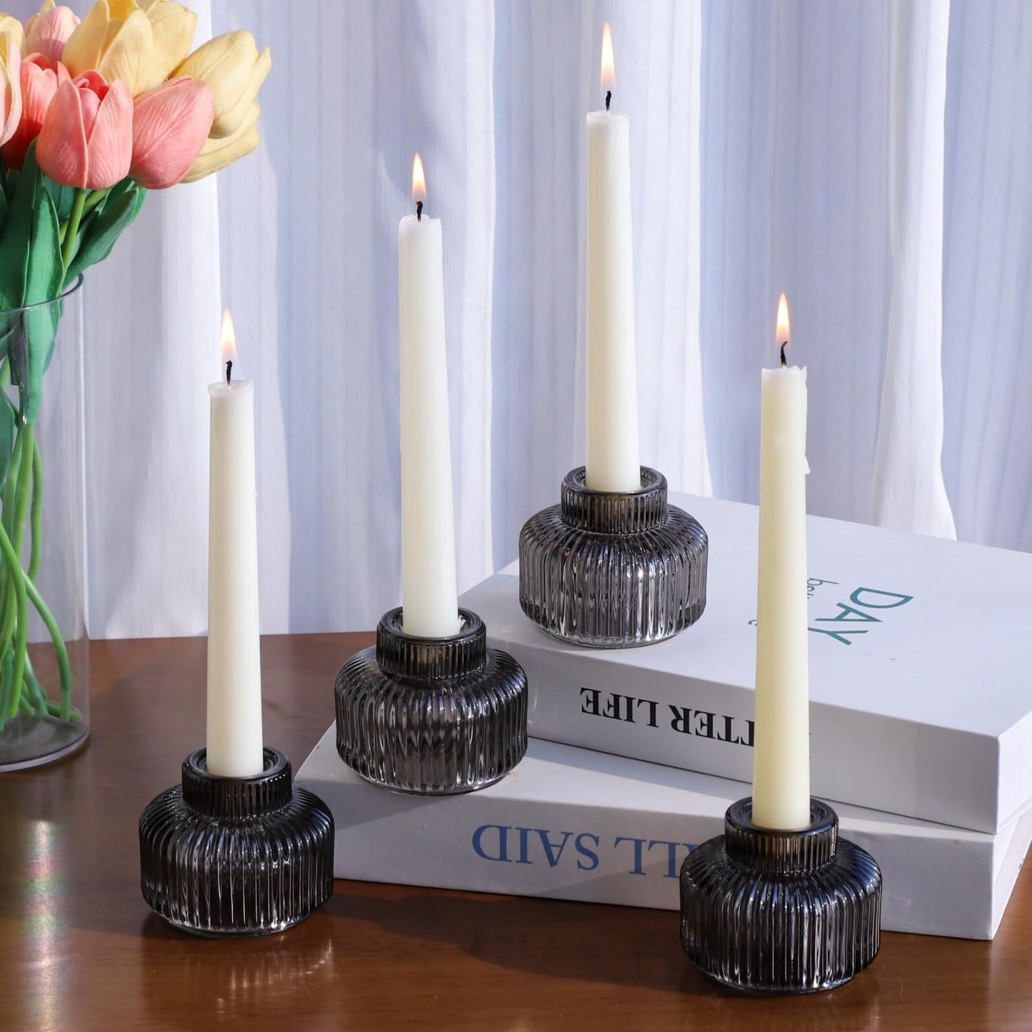 Woho Smoky Grey Candlestick Holders Set of 4 for Votives/Tea Lights, Ribbed Glass Taper Candle Holders for Table Centerpiece, Reversible Candle Sticks Holder Decor for Daily Home Decor