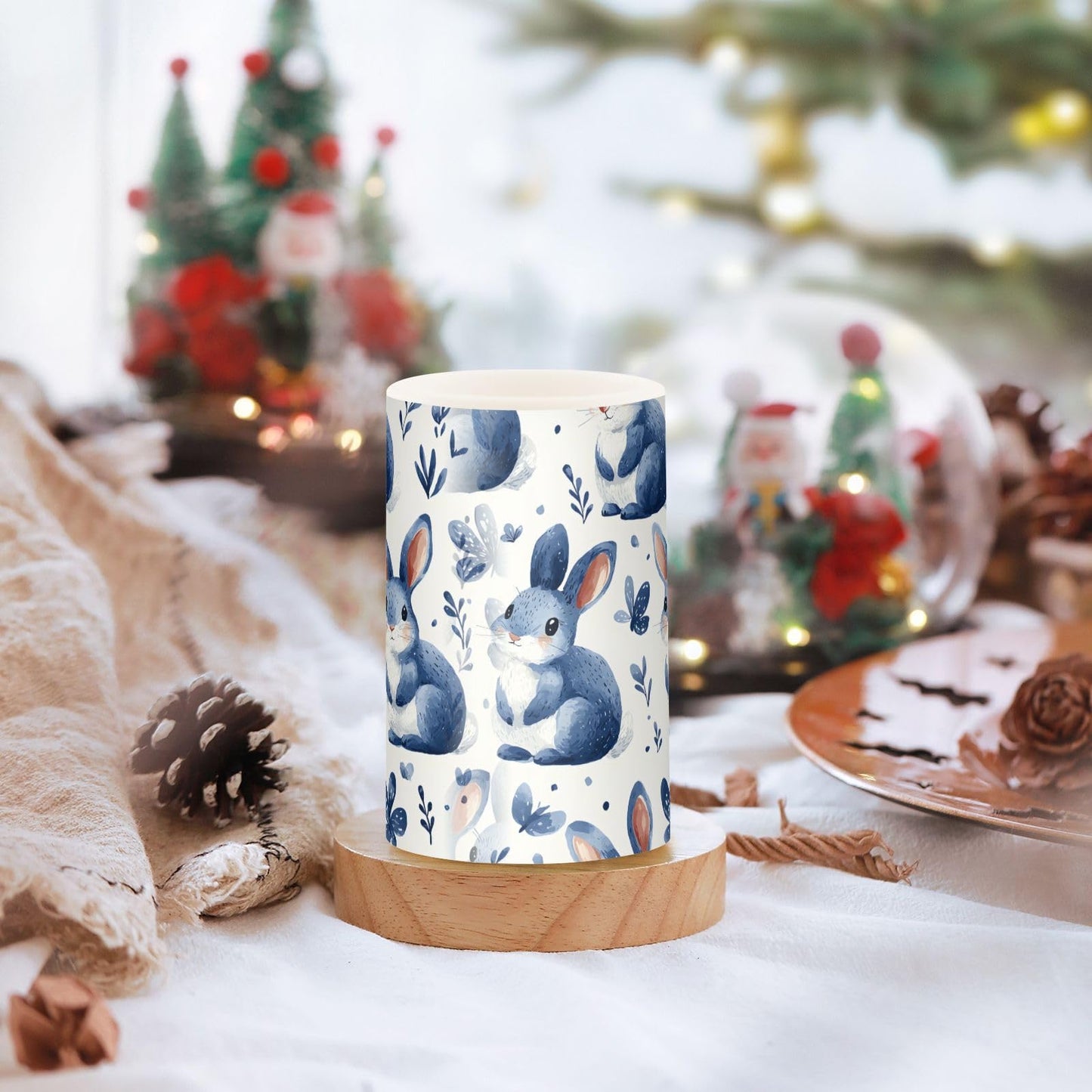 zyrtty Easter 2 Pack Plastic Flameless Candles Blue Bunny Floral Pattern Battery Operated with Remote and Timer Real Wax LED Flickering Pillar Candles Set Window Decor