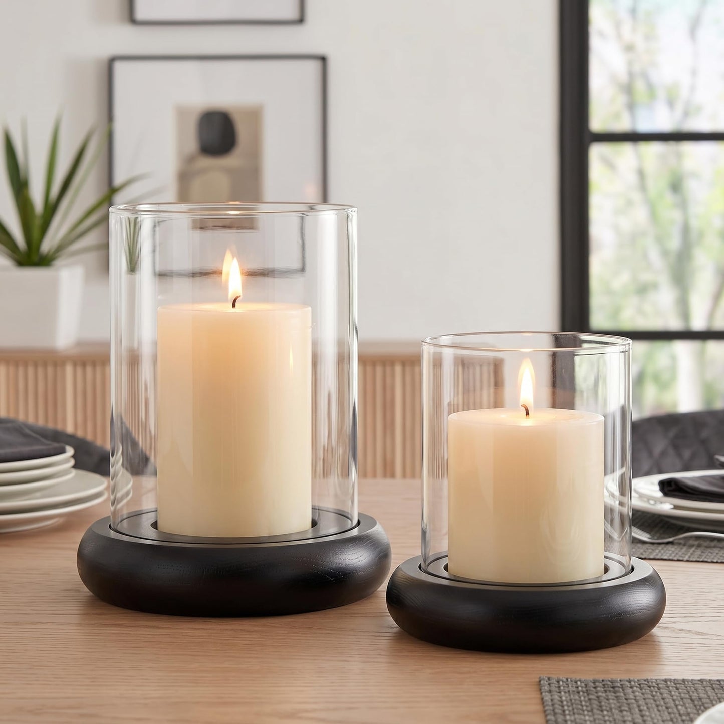 Set of 2 Black Hurricane Candle Holders with Wood Base, Modern Windproof Glass Cylinder Lantern, Farmhouse Pillar Candle Holder Decor for Table Centerpieces, Living Room, Patio & Kitchen Dining