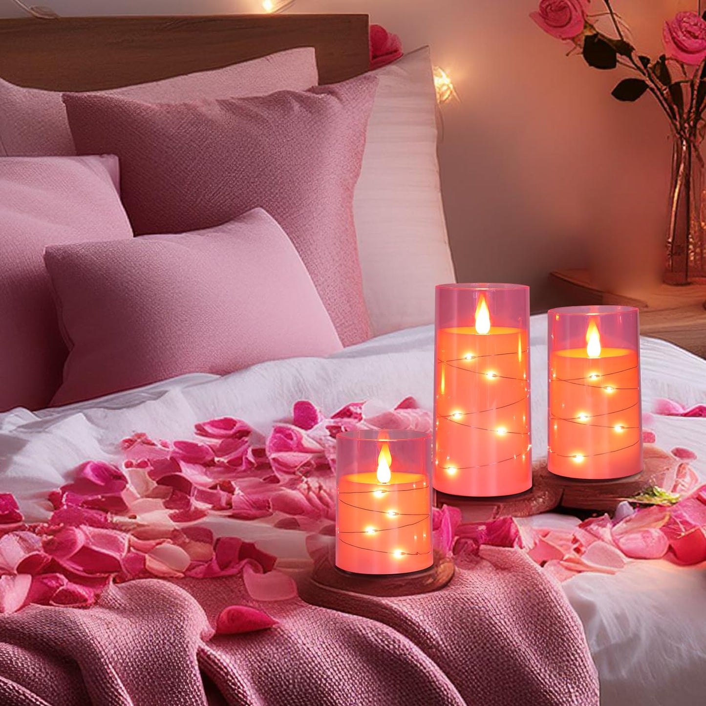 Aignis Flickering Flameless Candles Battery Operated Candles LED Candles with Remote Timer for Home/Wedding/Birthday/Holiday Decor, Cherry Blossom Pink 3D Flame Set of 3 (D3 xH4 5" 6")