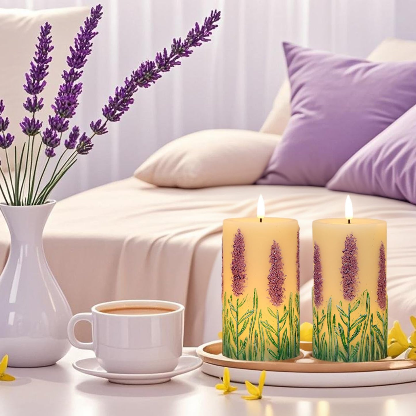 DRomance Lavender Flameless Candles Battery Operated with 6 Hour Timer 3D Wick Flickering LED Pillar Candles Real Wax Hand-Painted Dinner Christmas Holiday Decor(2 Pack, 3" D x 6.5" H)