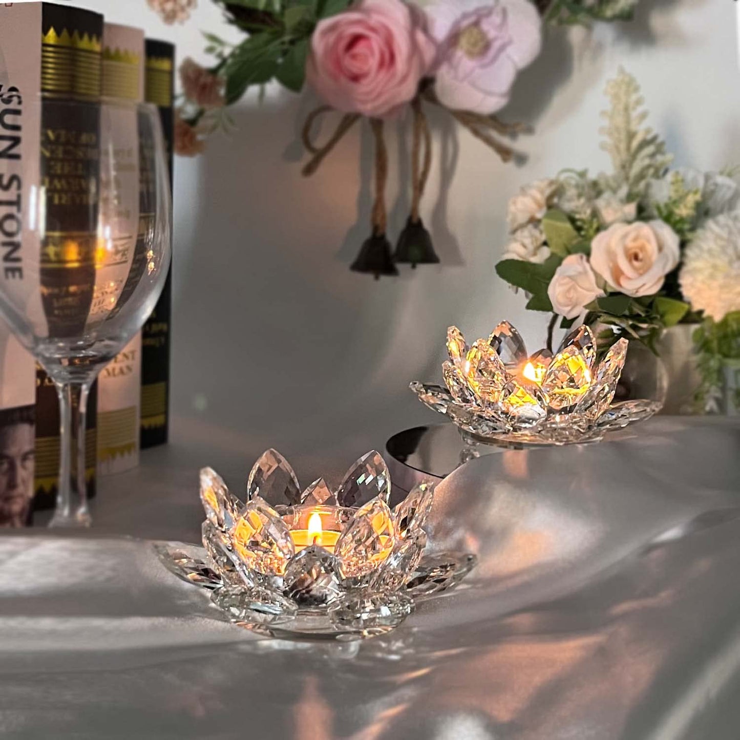 Kolnlala Crystal Lotus Flower Tealight Candle Holders/Glass Tea Light Candlestick Decor Decoration for Christmas Home Wedding Party… (Clean 1pc)