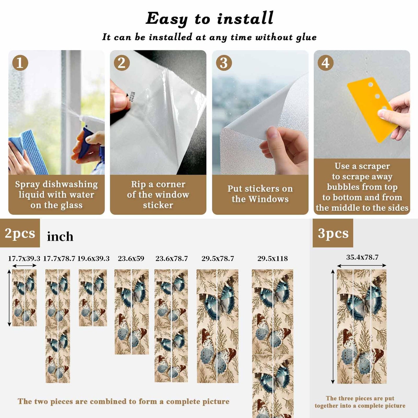 Vintage Butterflies Privacy Window Film, Brown Branch Leaf Plant Insects Stained Glass Film Non-Adhesive Window Clings, UV Blocking Static Sticker Covering Reusable for Home 19.6x39.3in