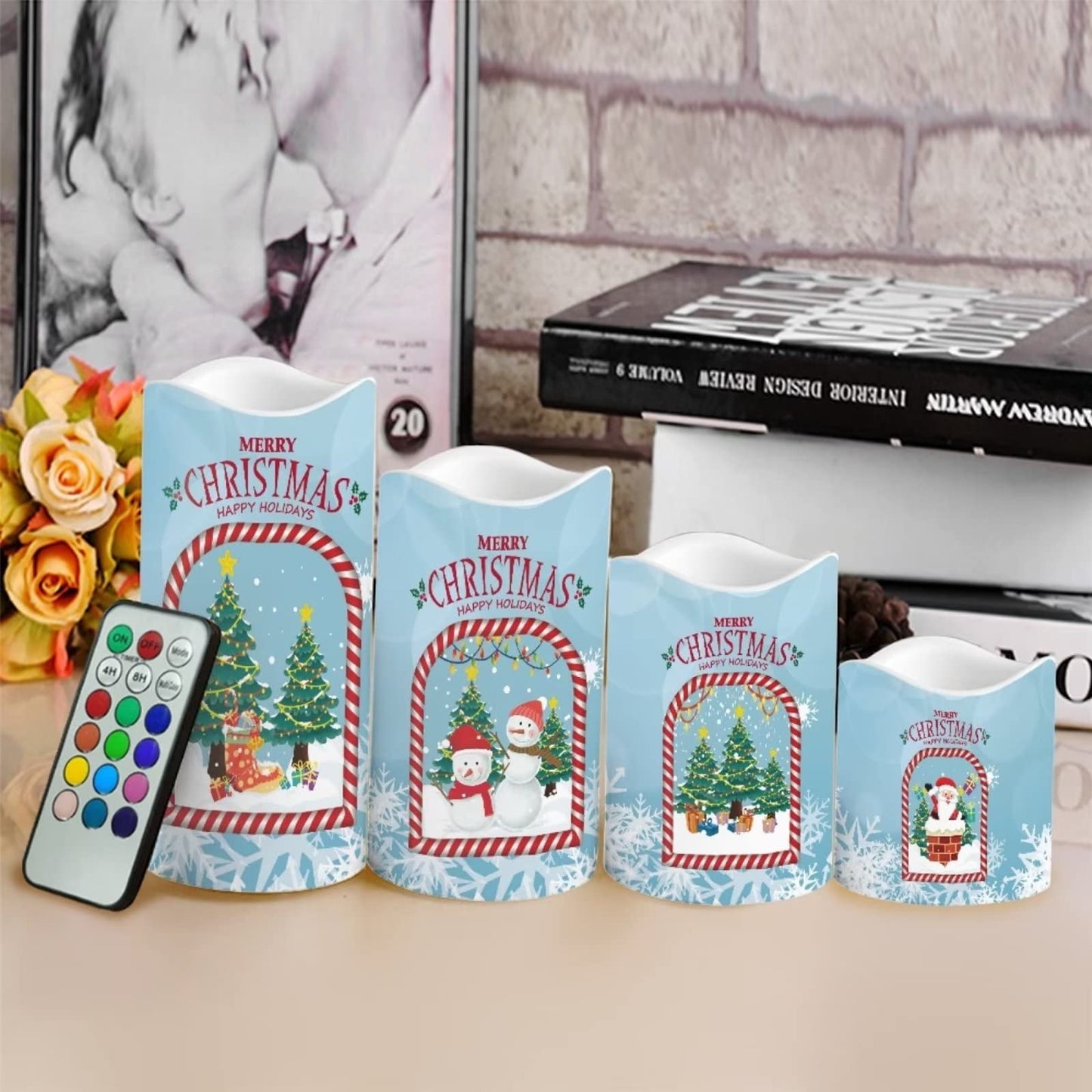 Cozeyat Merry Christmas LED Candles 4 Packs,Flameless Electric Votive Tealights in Warm Yellow,Flickering Electric Candles with Remote Controled for Home Party Cocktail