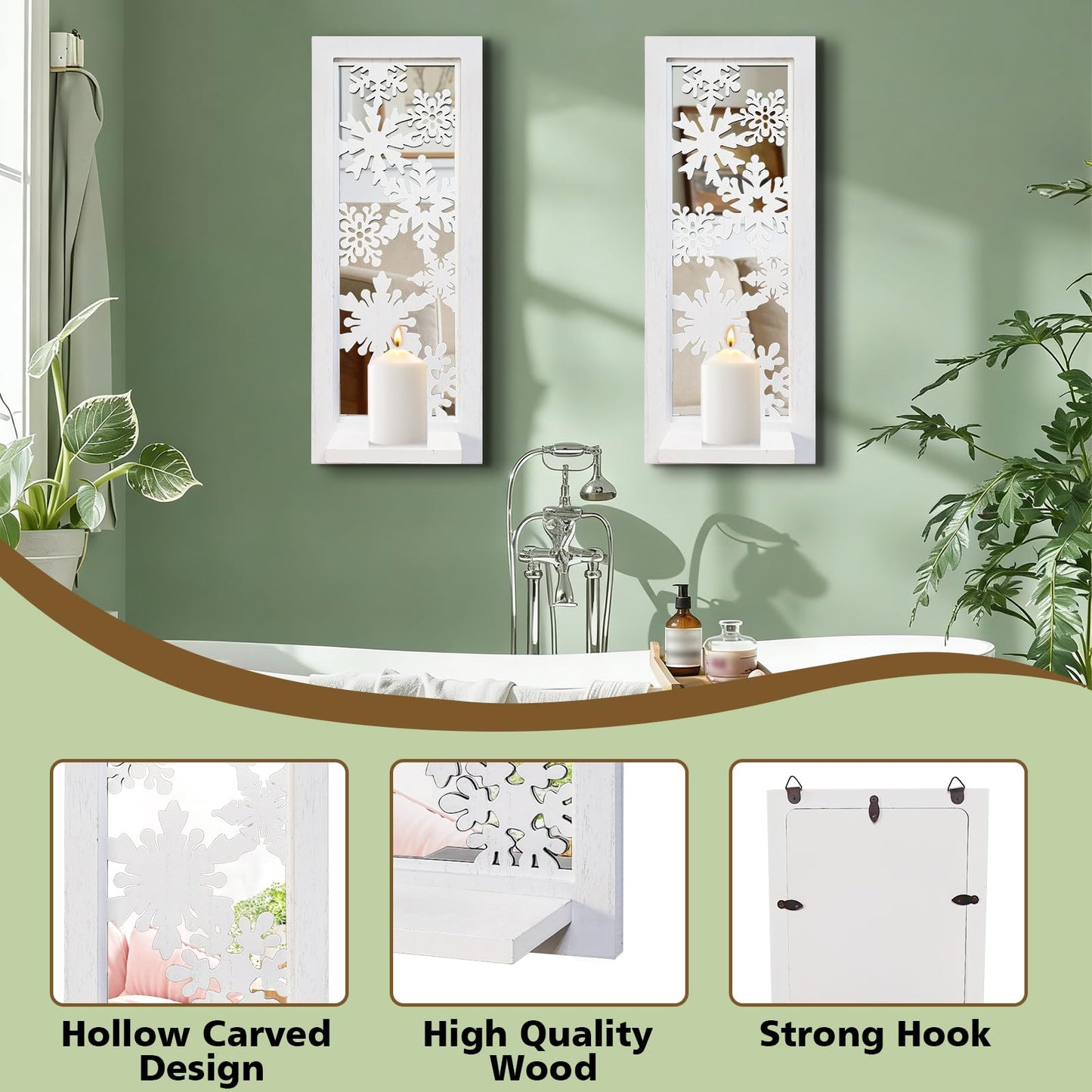 ZEXUIRU 2 Set Rustic Candle Sconces Living Room Bedroom Entryway Wood Mirrored, Farmhouse, Carved Frame Wall-Mount Wooden Candle Holders Wall Decor Hanging Handmade Holder - Distressed White