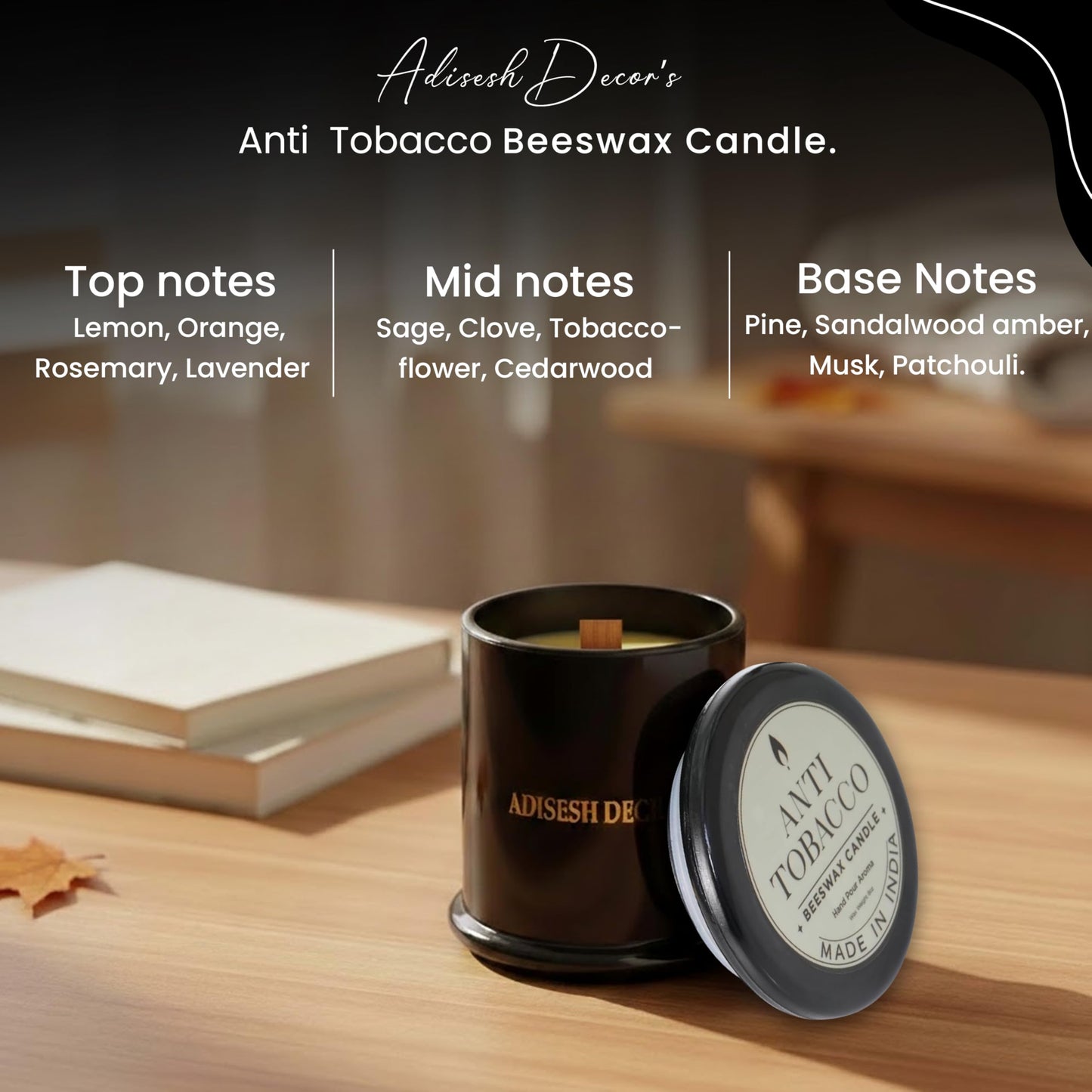 Adisesh Decor Anti Tobacco Beeswax Candle – Long Lasting 70+ Hour Burn | Natural Odor Eliminating Scented Candle for Home, Smoke & Pet Odor Neutralizer | Hand Poured Clean Burning Decorative Candle
