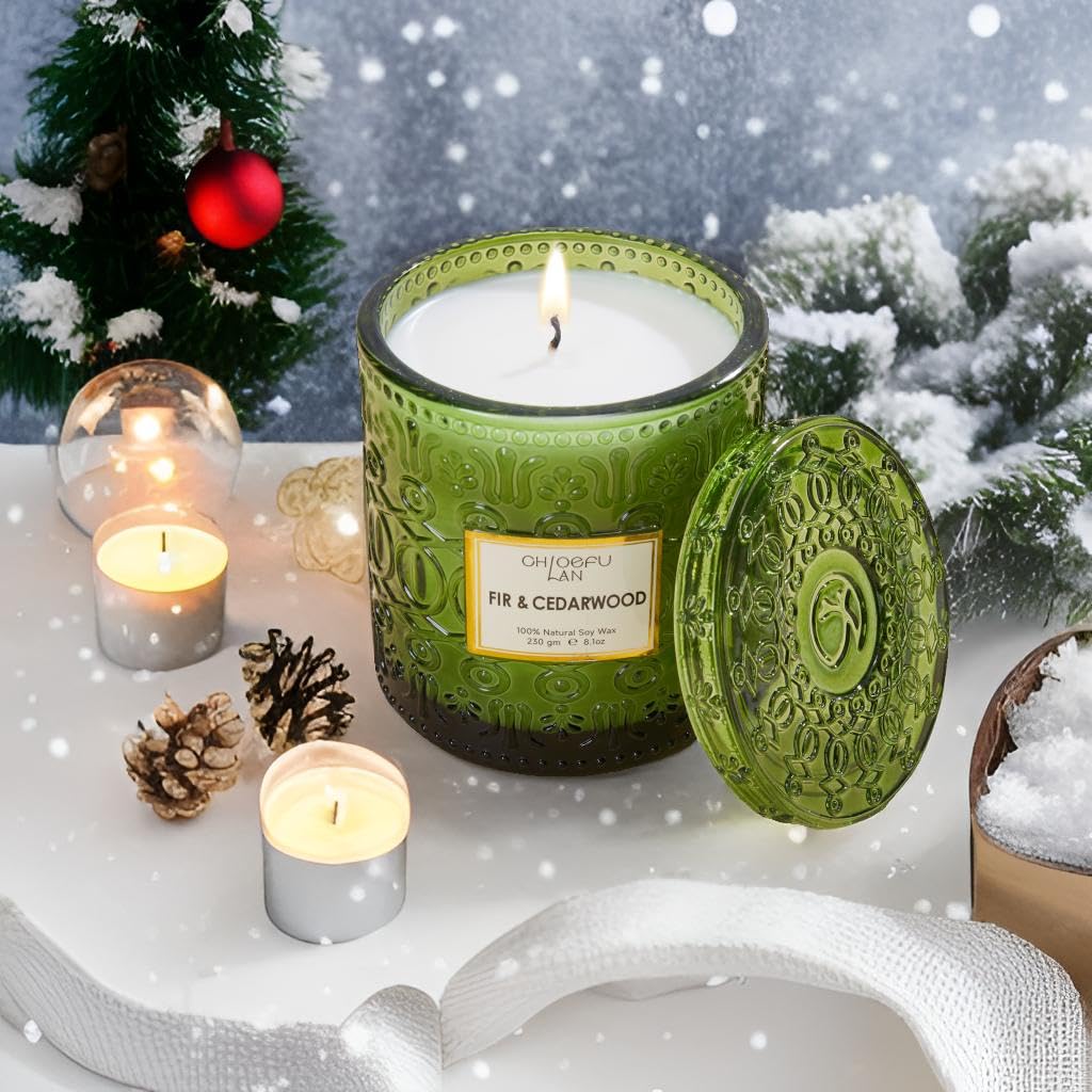 Chloefu LAN Fir & Cedarwood Scented Candle Gift, Christmas Festival Candles, Large Luxury Scented Soy Jar Candle with up to 55 Hour Long Lasting, Highly Scented, 8.1ozs