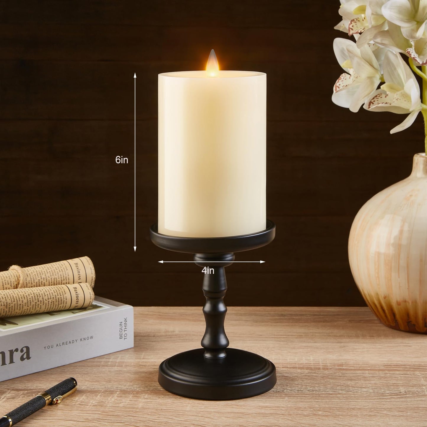 CozierGlow Flameless Pillar Candles Flickering with Remote Timer, Battery Operated LED Candles Up to 400 Hours, 3D Moving Flame Real Wax Candles, D4 x H6, Remote Included (Ivory, 4inx6in)
