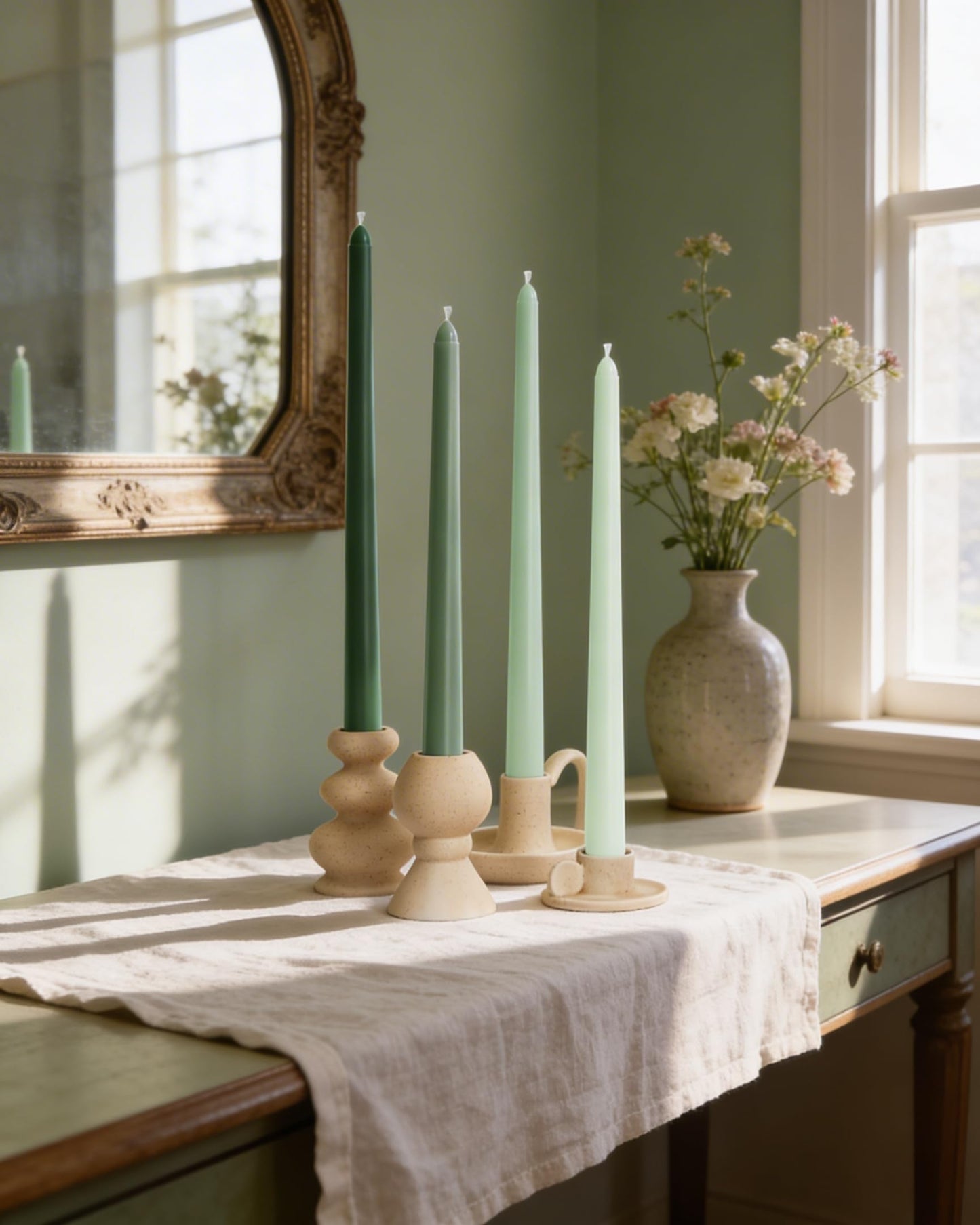 Viyffo Taper Candles, 12 Inch, 12 Pack, Green – Unscented, Smokeless Design, Up to 8-Hour Burn – Tall Candlesticks for Table Decor, Weddings & Dinners