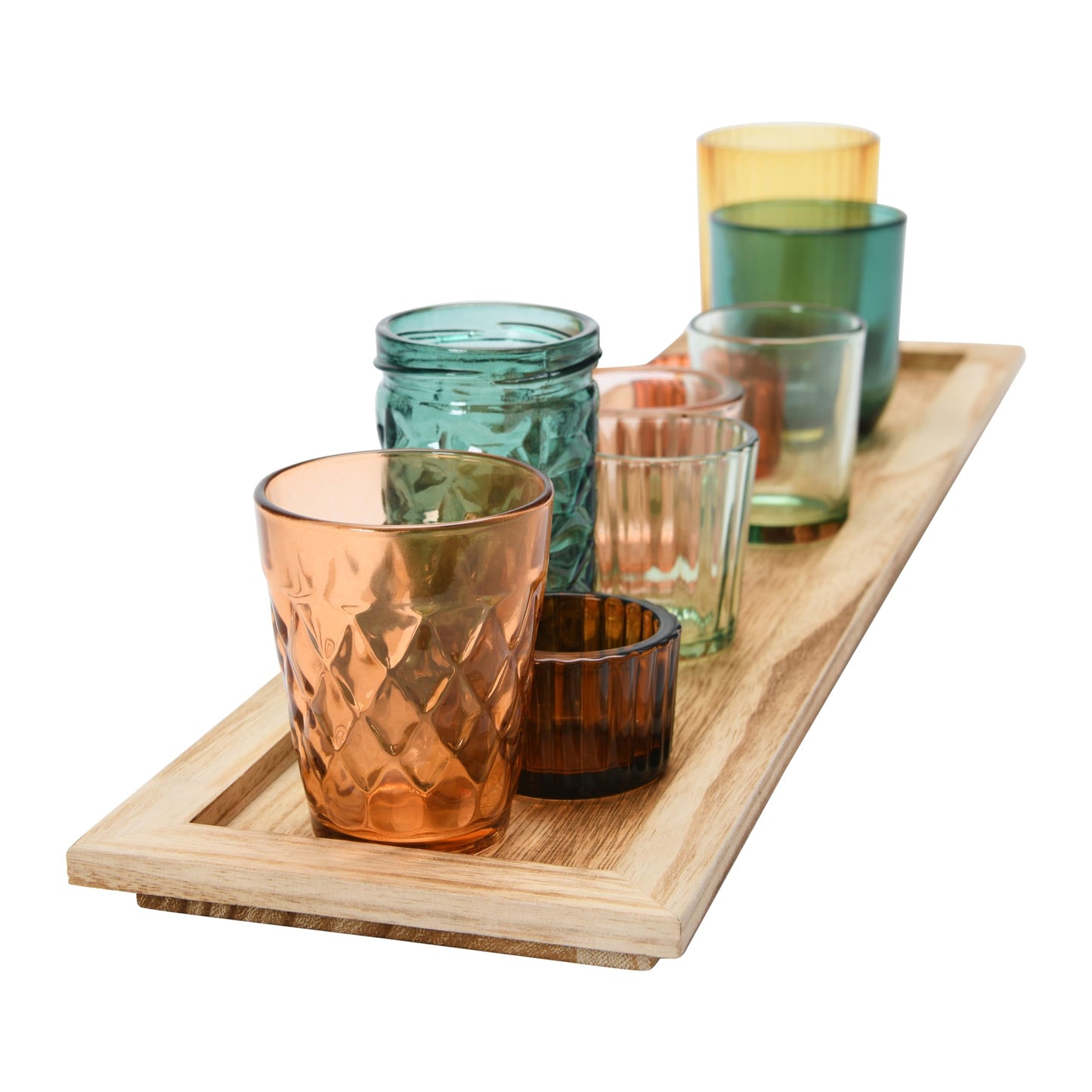 Creative Co-Op Round Glass Votive Holders on Wood Tray, Yellows & Greens, Set of 9