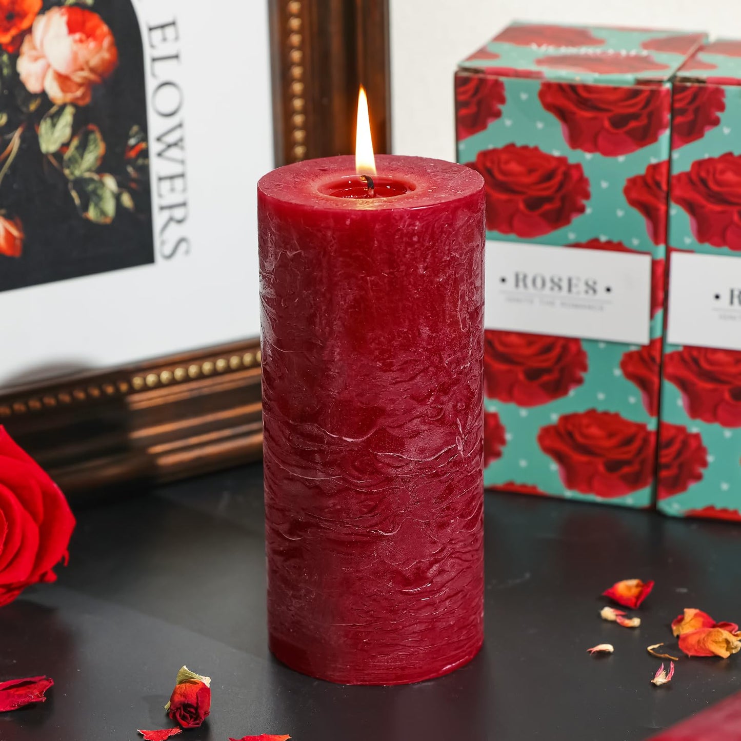 Romantic Rose Scented Pillar Candle - 2.8x6 Inch, 75-Hour Burn, Textured Red Rose Scented Candle for Women, Natural Aromatherapy Candle for Home, Gifts for Women, Valentine's & Romantic Decor
