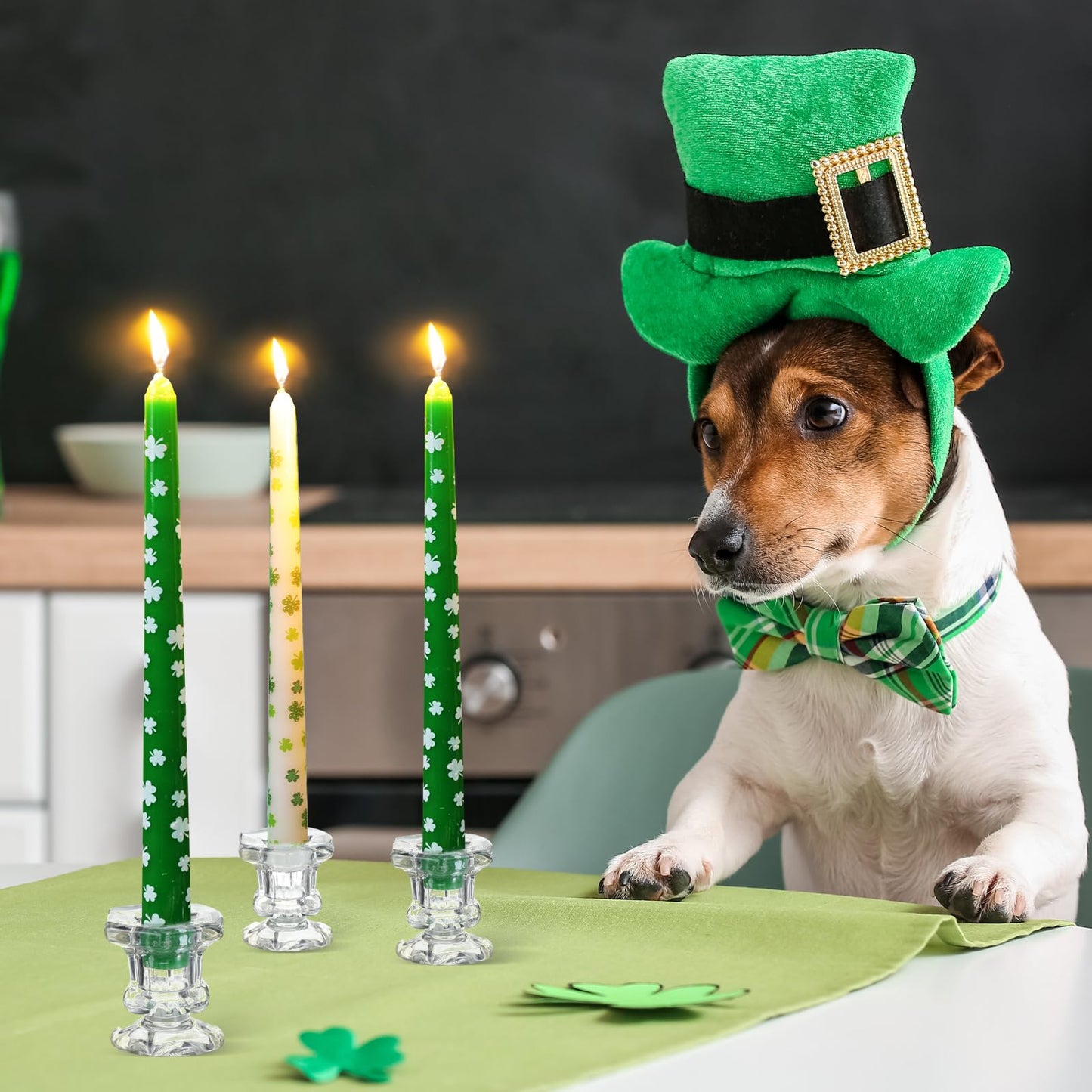 Threlaco 12 Pcs St. Patrick's Day Dripless Taper Candles 10 Inch Tall Unscented Candle Sticks White Green Shamrock Set St. Patrick's Day Gifts Holiday Decor for Dinner Party Wedding Anniversary
