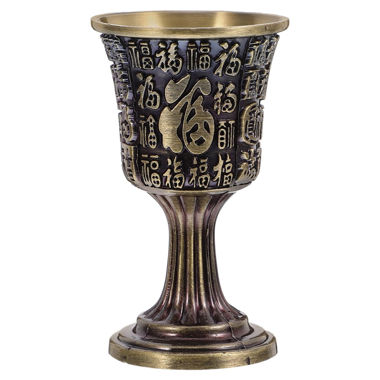 JOYOFREELY Vintage Copper Goblet Chalice Fu Character Engraving, Small Bronze Wine Drinking Cup for Home Bar, Traditional Chinese Style Shot Glass