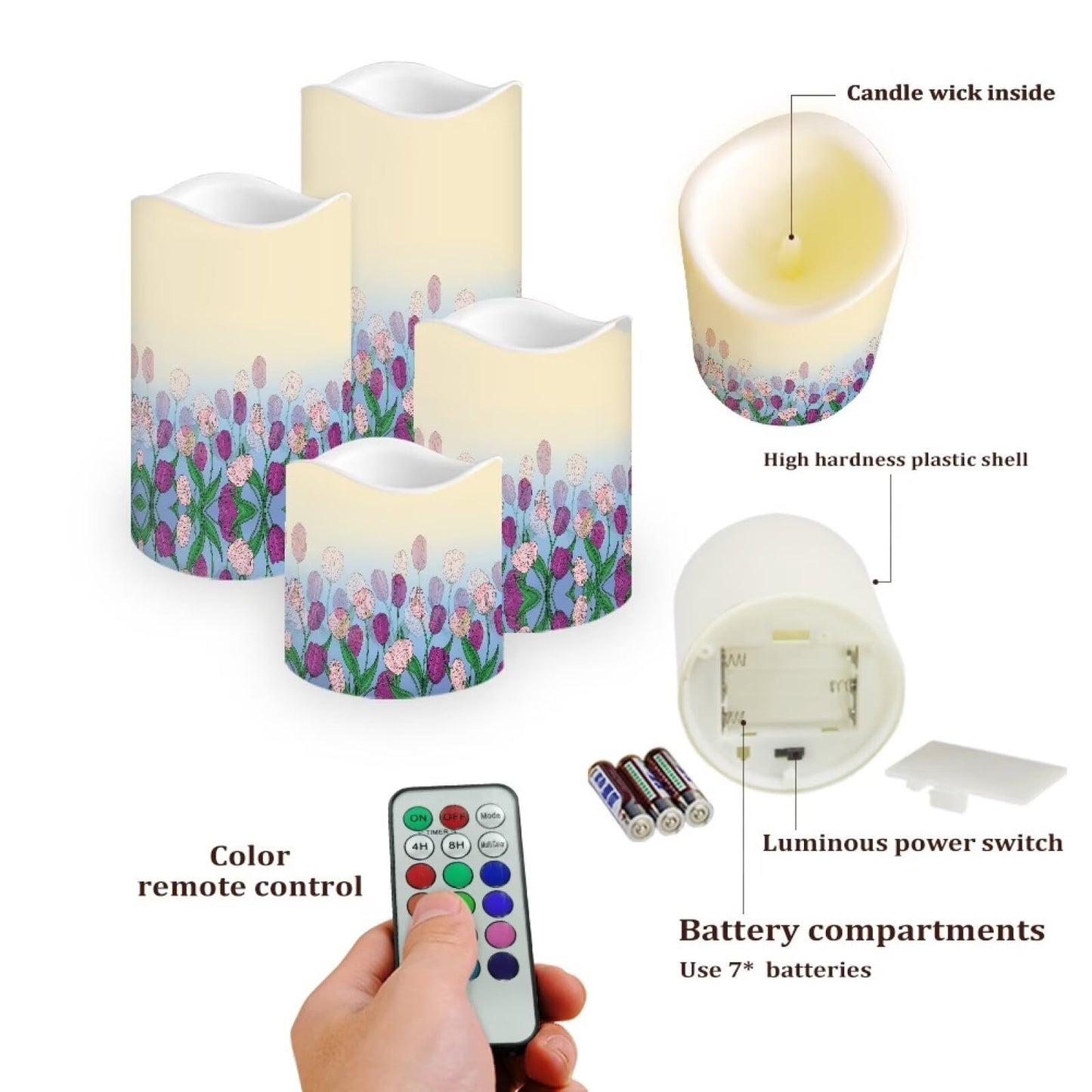 Ystardream Purple Tulips Flameless Candles with Timer Led Candles Flickering 4 Candle Sets for Home Decor,18 Key Remote Control，Dancing Flame, True Wax, Battery Power