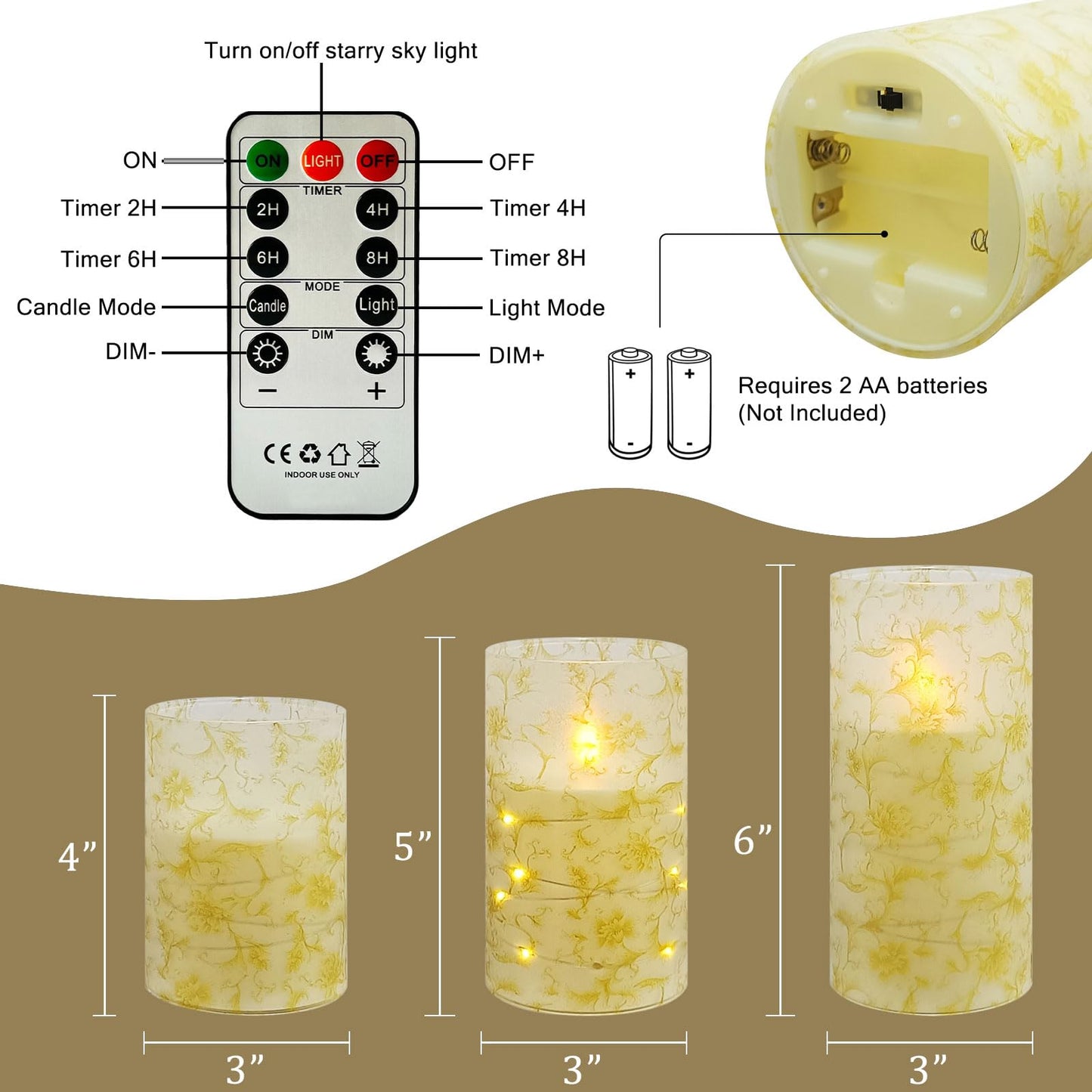 NjaoHoo Flickering Flameless Candles, Recessed String Light LED Candles 3D Wick Acrylic Battery Operated LED Pillar Candles with Remote and Timer for Modern Simple Home Decor Set of 3(Gold Flower)