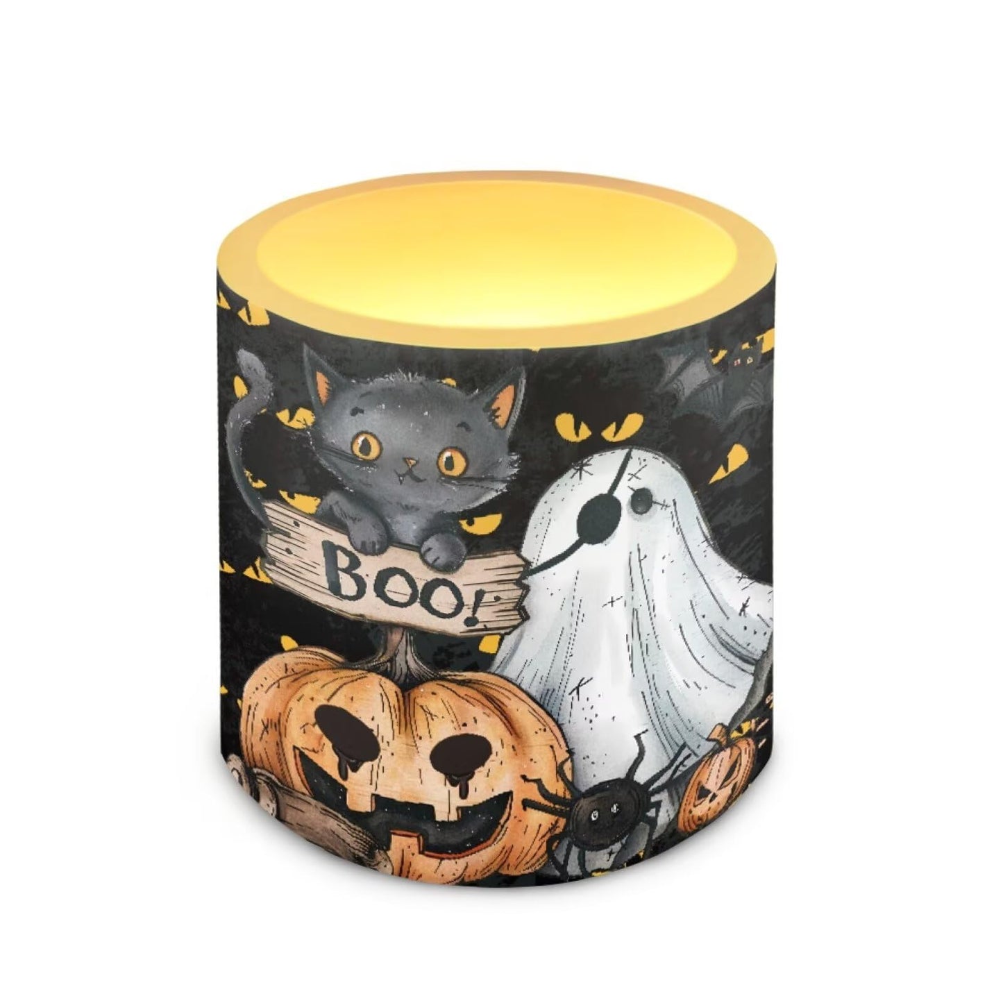 Merkmak Halloween Ghost Pumpkin Flameless Candles with Remote Battery Operated Candles with Timer Pack of 4 LED Pillar Tea Lights for Indoor Outdoor Party Home Living Room Decorations