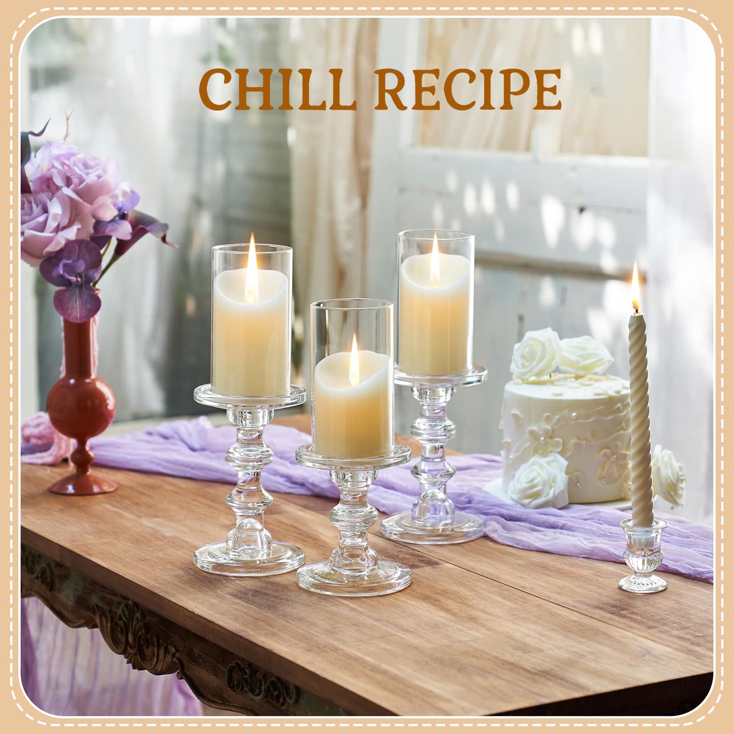 CHILL RECIPE Glass Candle Holder Set of 3, Big Heavy Tall Crystal Candlestick Holder for Pillar Candles Taper Candles, Christmas Decoration Wedding Table Dinning Church Centerpiece