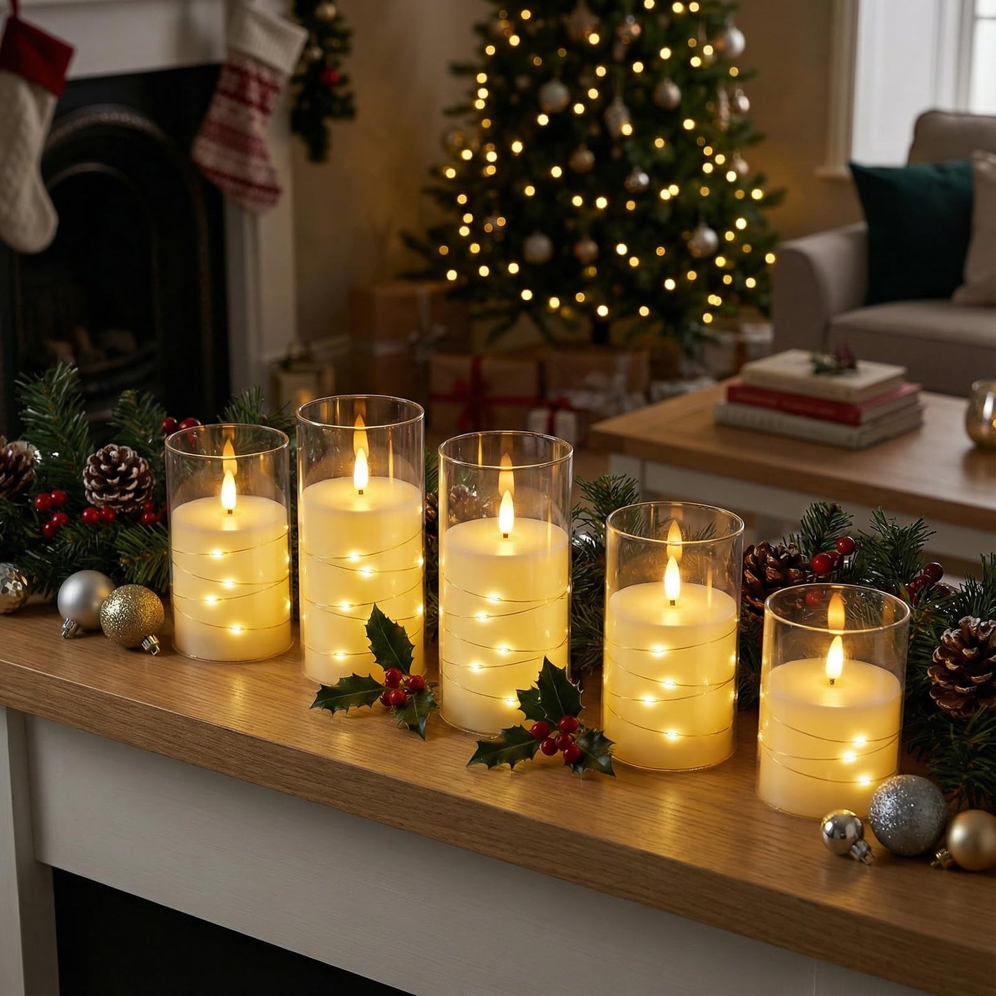 Staerysky Flameless LED Candles, Flickering Candles with Remote Control & Timer Embedded Fairy String, Battery Operated Pillar Candles, 5pc for Valentine's Day,Holiday,Home Decor,Wedding
