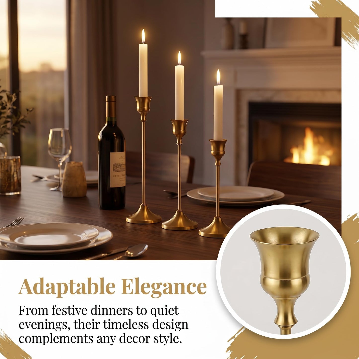 Oakernel French Gold Taper Candle Holders 2 Sets(6 Pcs) - Tall Metal Candlestick Holders for Table Centerpiece, Formal Dinner, Wedding, Fireplace Mantel Decor, Fits 3/4 Inch Thick Candles