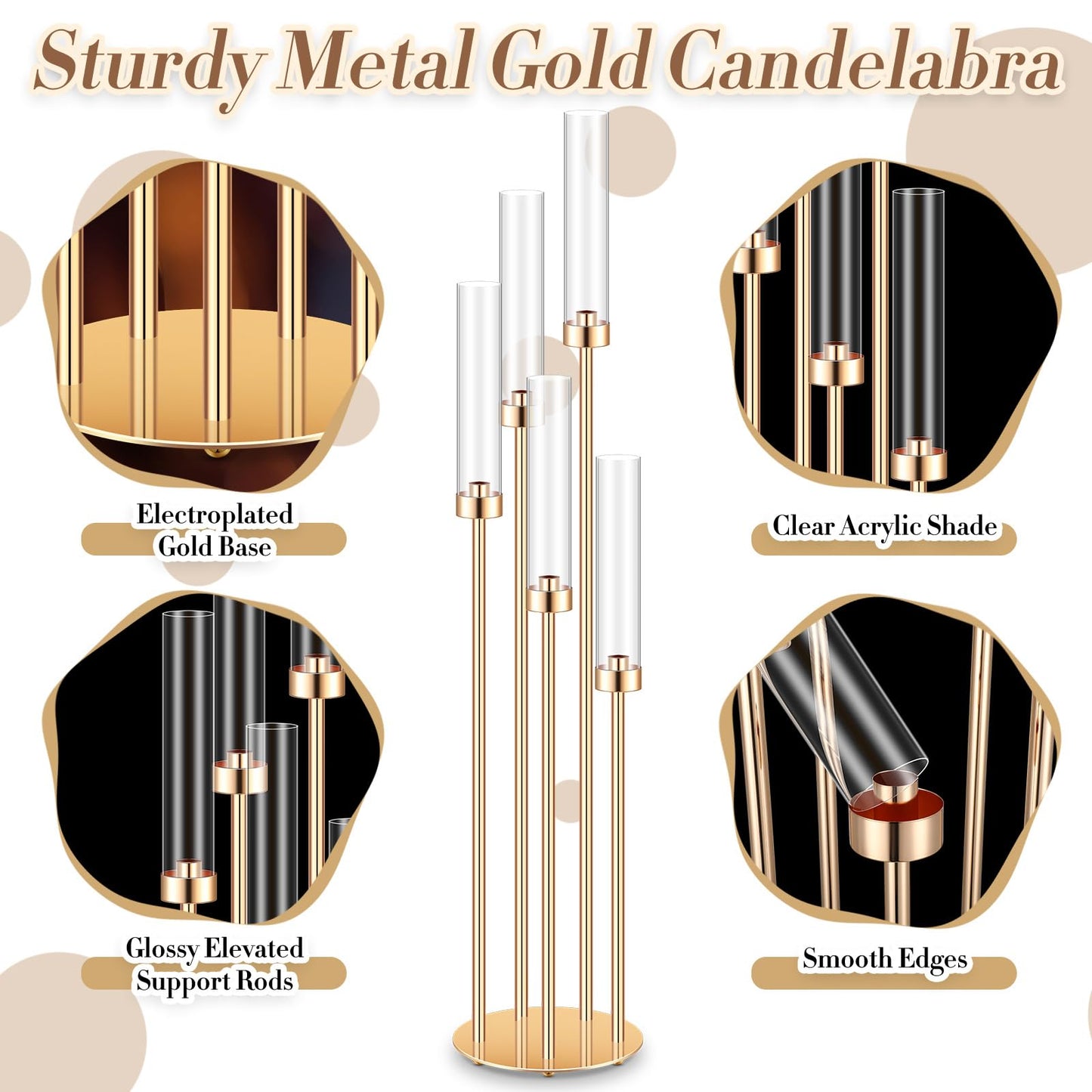Tandefio 2 Sets Acrylic Candelabra Centerpieces 42.5" Tall Clear Candle Holders Pillar Taper Candlestick with Lampshades 5 Arm Floor Candelabra Stand for Wedding Christmas Ceremony Dinner Party