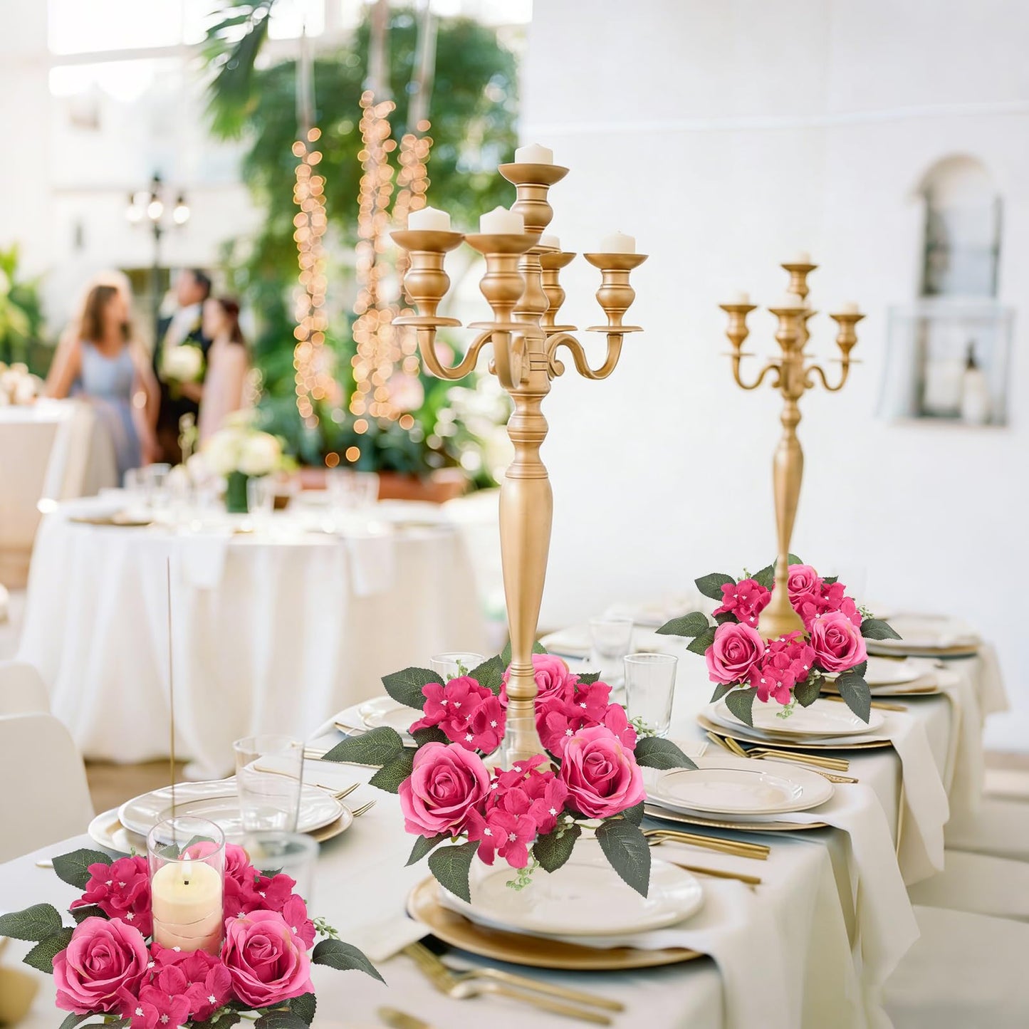 UUXX 4PCS Candle Rings for Pillars, Silk Roses Hydrangea Artificial Flowers Candle Wreaths Rings for Table Centerpieces Wedding Valentine's Day Party Decor(Hot Pink)