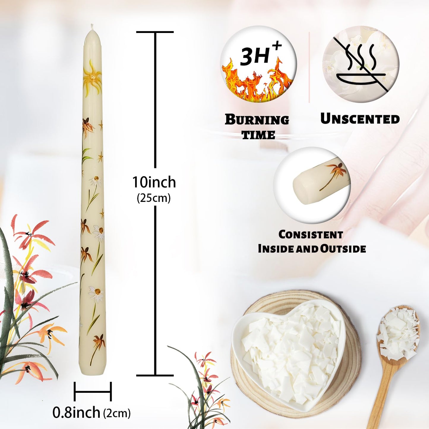 Floral Taper Candles 10 Inch Tall Unscented Handmade Beige Renanthera Coccinea Print Long Burning Elegant Candlesticks for Wedding Dinner Home Decor
