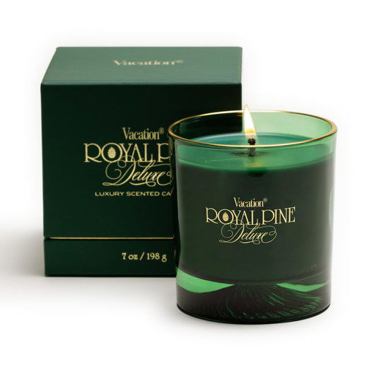 Royal Pine Deluxe Pine-Scented Candle by Vacation Sunscreen, Premium Soy-Blend Wax, 70-Hour Long Burning, Winter House Decor, Gift for Women & Men, 7 Oz.