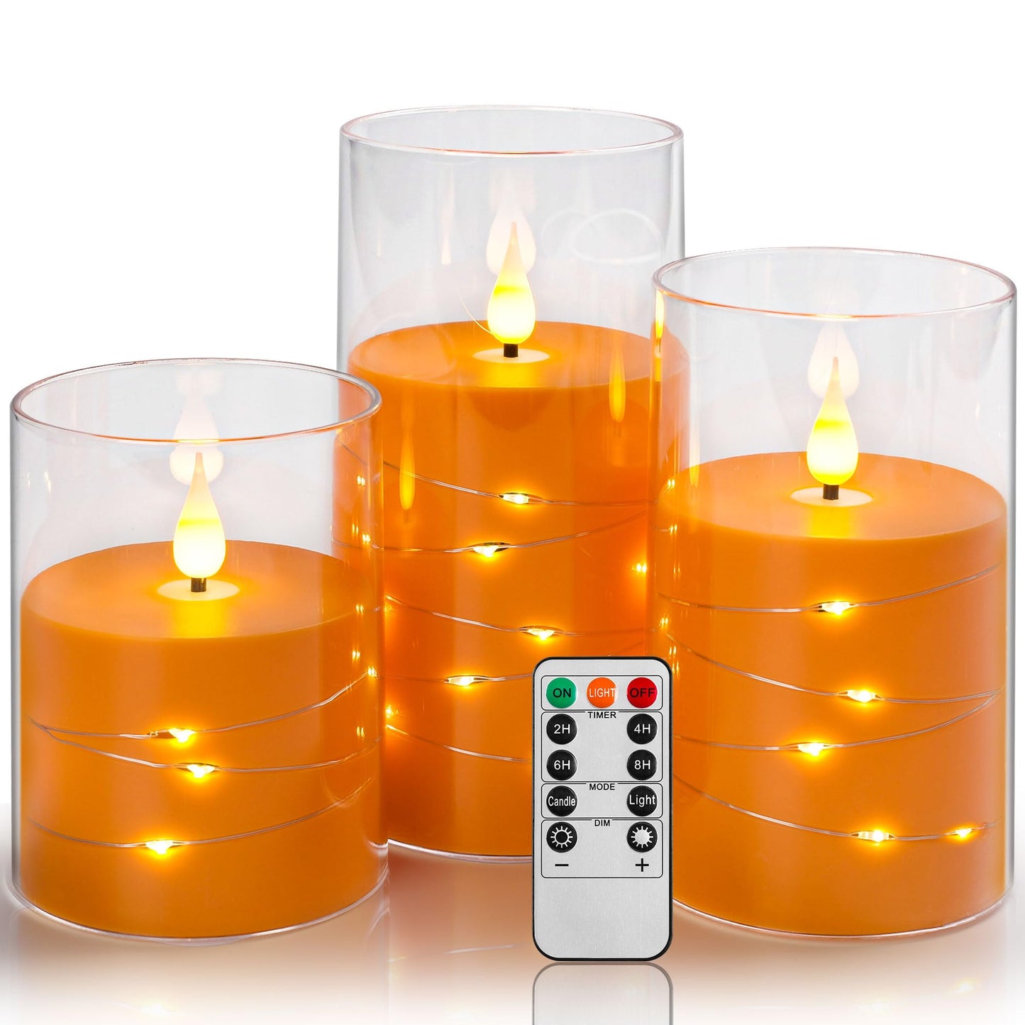 Da by 3 Pack Orange Transparent Acrylic Flameless Taper Candles, Flickering Black Wick LED Candles with Fairy String Lights, Heat Resistant ABS Candles with Remote for Indoor Outdoor Decor