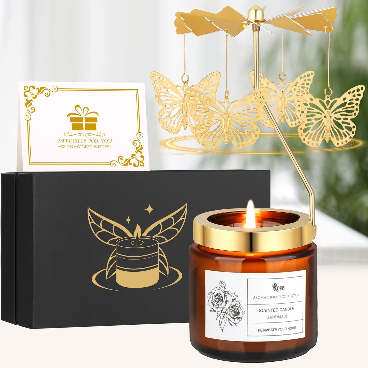 Rotatable Rose Scented Candle Gifts, Butterfly Gifts for Women Mom Wife Anniversary Valentine's Day Christmas, Unique Birthday Gift for Sister Girlfriend with Gift Box