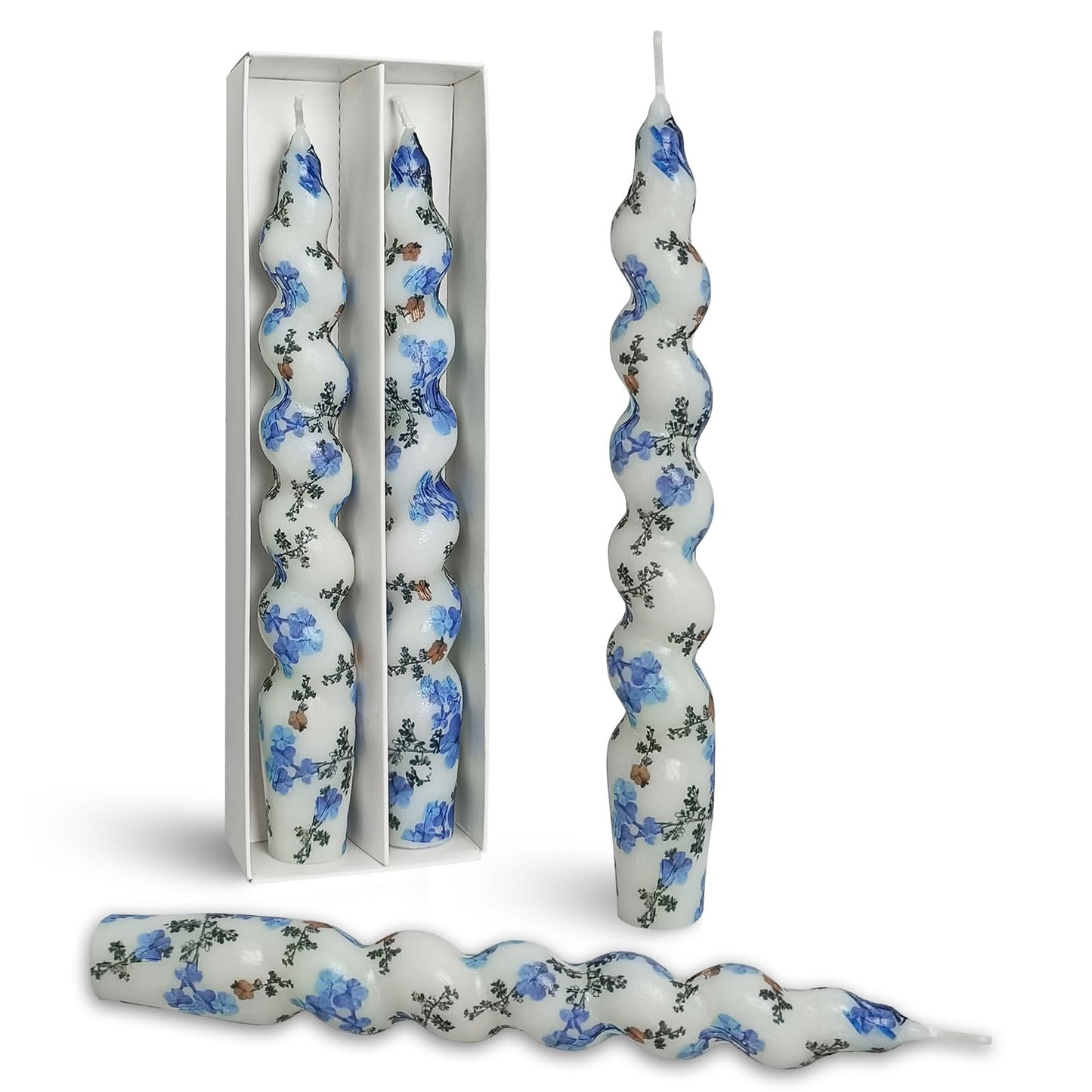 Short Taper Candle Forget-Me-Not Candles Floral Print Spiral Candlesticks, 7.5 Inch Handmade, Set of 2 for Home Wedding Party Decor Gifts