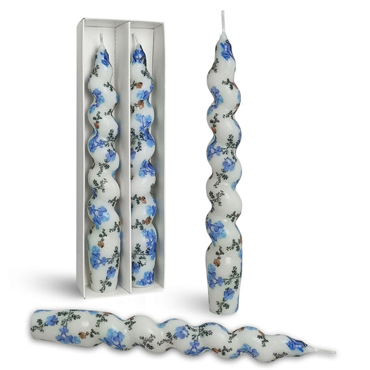 Short Taper Candle Forget-Me-Not Candles Floral Print Spiral Candlesticks, 7.5 Inch Handmade, Set of 2 for Home Wedding Party Decor Gifts