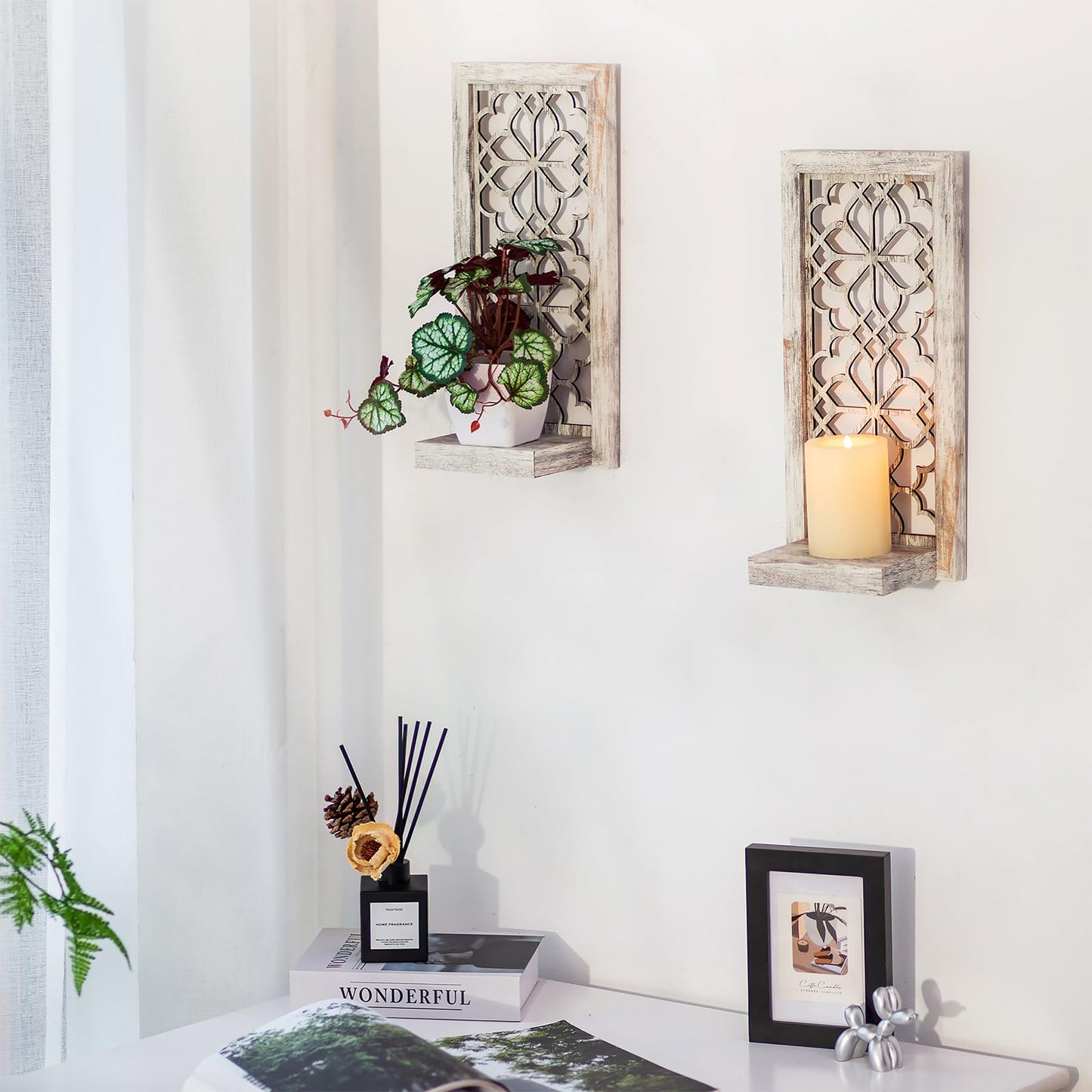 Walasis Wood Small Wall Shelves for Candle - Decorative Farmhouse Floating Shelf Candle Sconces for Wall Decor - Rustic Carved Floating Shelf Wooden Shelving for Bathroom Bedroom