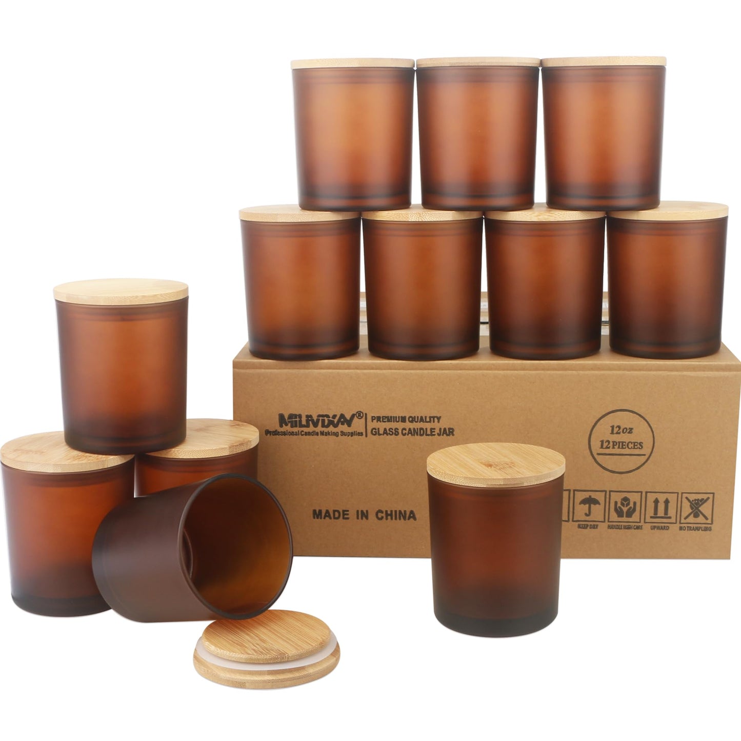 MILIVIXAY 12Pack 12 OZ Frosted Amber Thick Glass Candle Jars with Lids - Bulk Empty Candle Jar for Making Candles - Spice, Powder Containers.