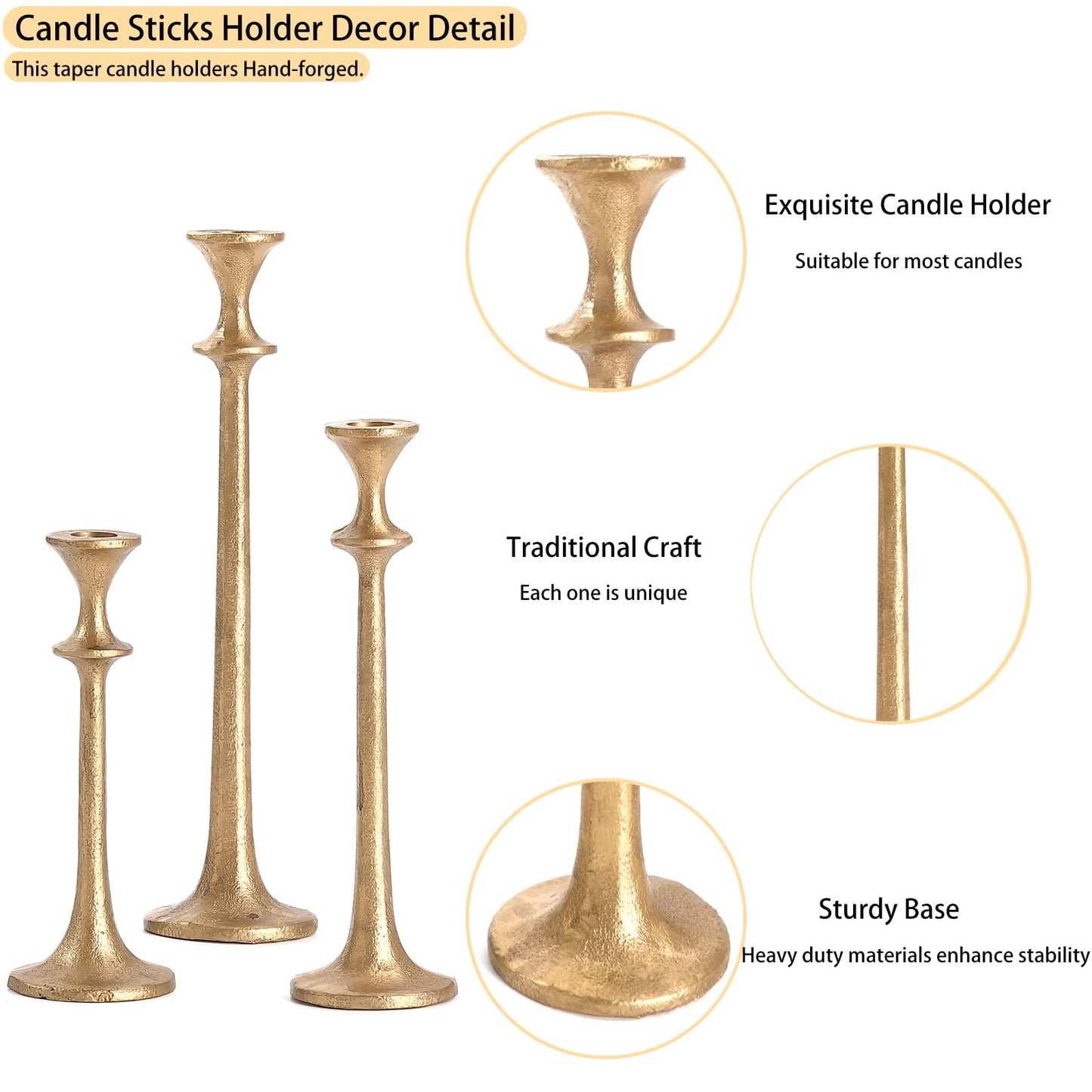 Wenbery Gold Taper Candle Holders Set of 3, Heavy Candlestick Holders Decorative Candle Stand for Table Centerpiece, Cast Iron Candle Stick Holder Decor