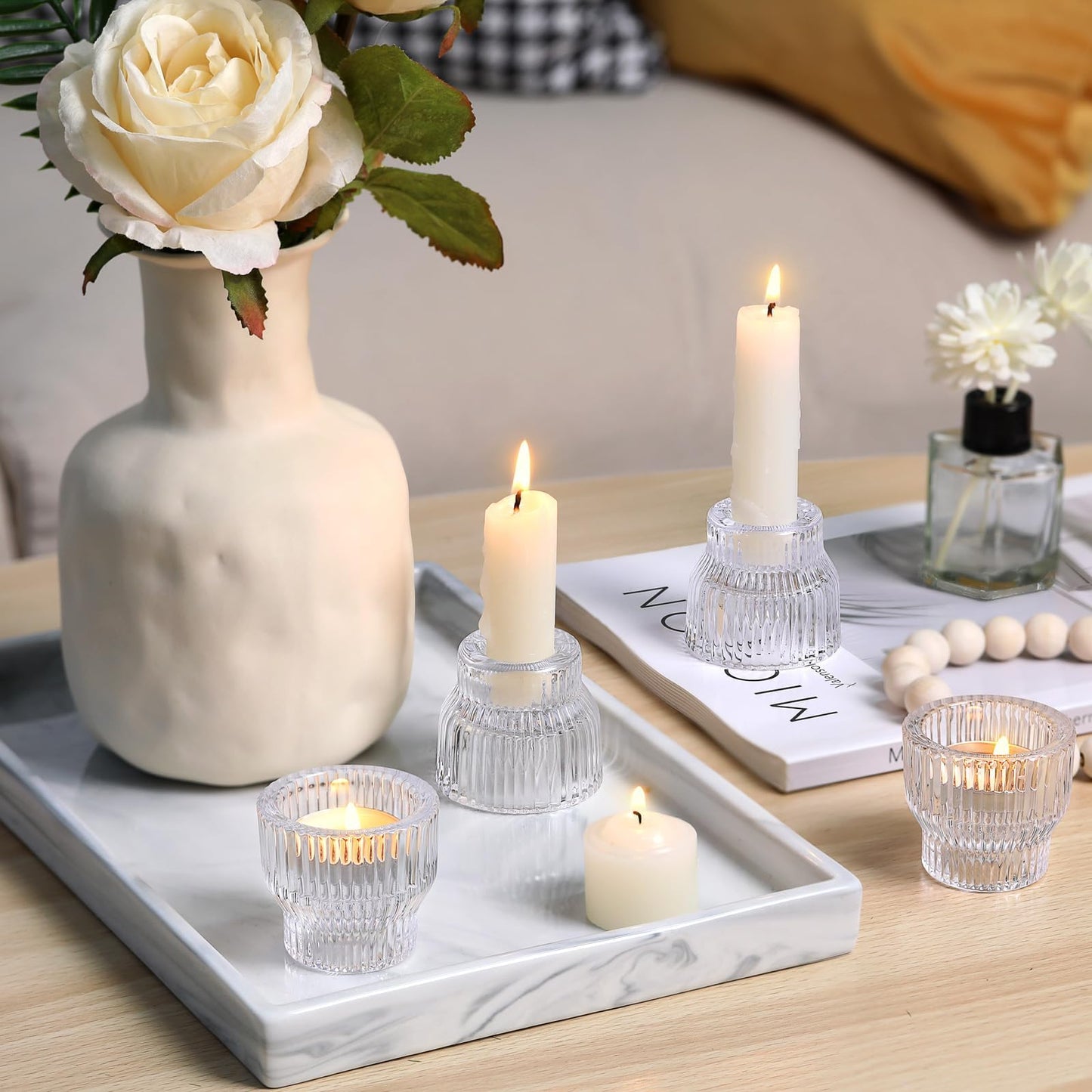HAVITI 12 Pack Clear Taper Candle Holders, Glass Candlestick Holders, Tea Light Candle Holder for Fall Wedding Centerpieces Table Decorations, Votive Candle Holders for Table Decor