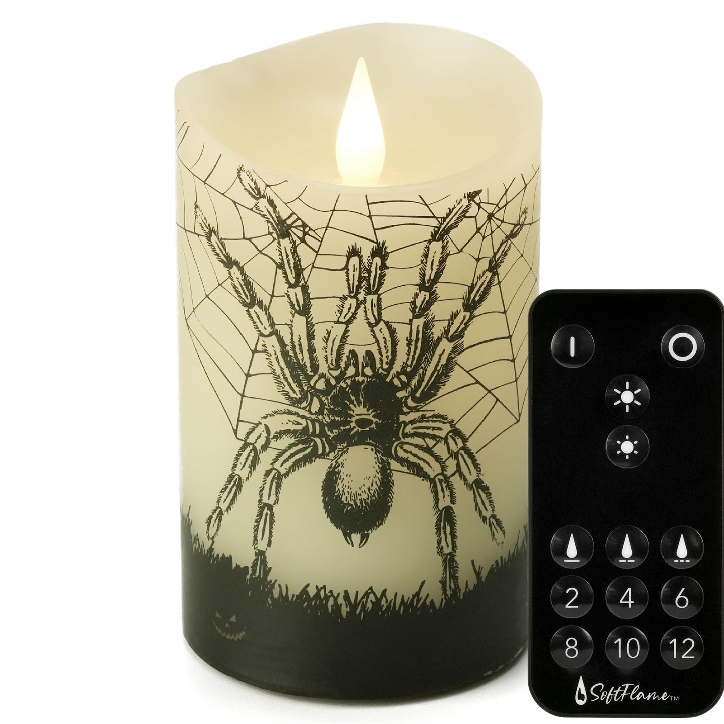 Softflame Halloween Flameless LED Candles with Remote Control, 3"x 5"Battery Operated Pillar Real Wax with Timer for Halloween Decorations, Spider Candle