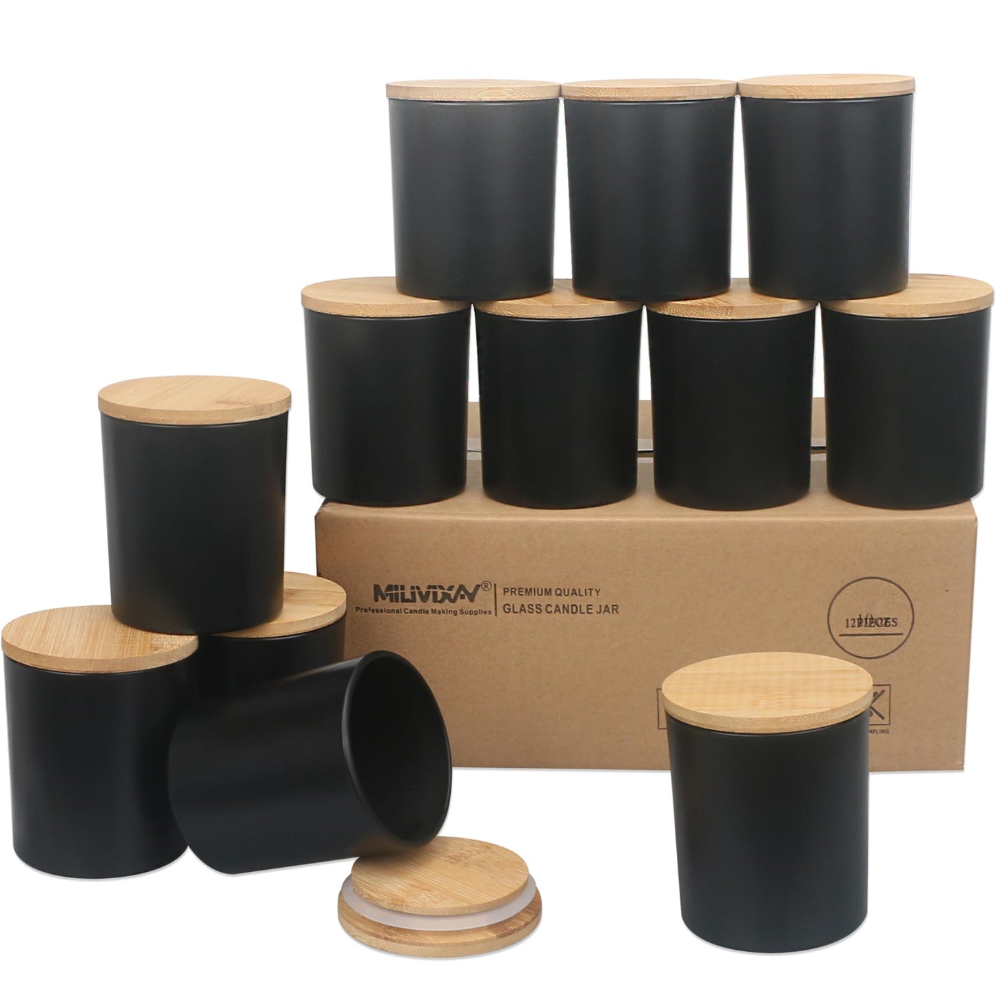 MILIVIXAY 12 Pack 10 OZ Matte Black Thick Glass Candle Jars with Lids - Bulk Empty Candle Jar for Making Candles - Spice, Powder Containers.