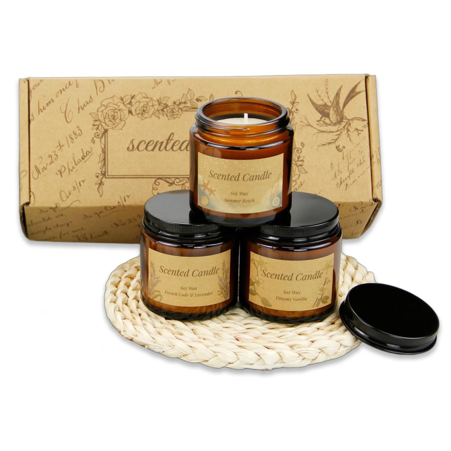 3 Packs Scented Candles, Soy Wax Aromatherapy Candles Set, 3.5oz Each, Natural Wax Candles for Home, Bedroom, Bathroom, for Women & Men Ideal Gift for Birthdays (Vanilla, Lavender, Summer Beaches)