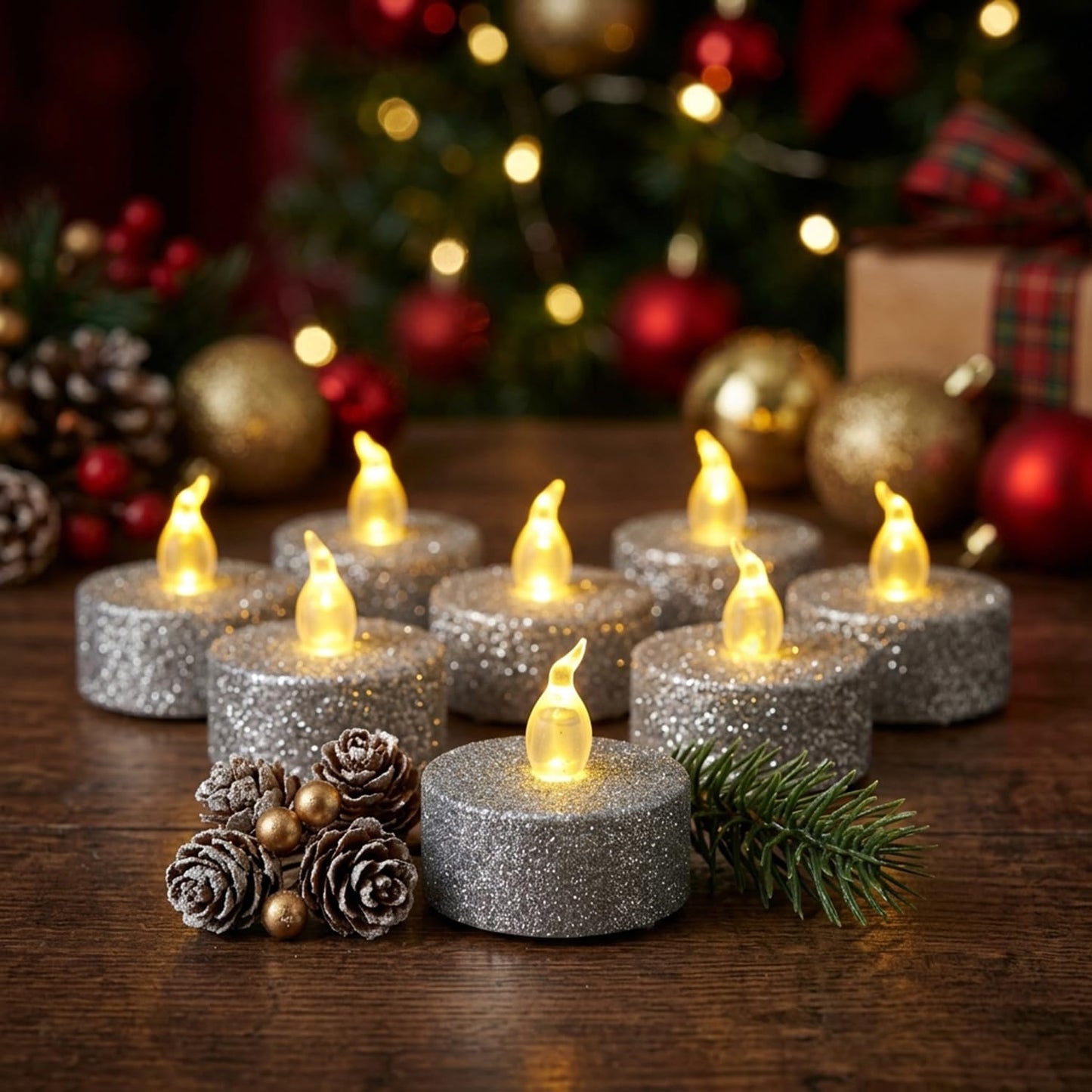 Aulaygo 12Pcs Tea Light Votive Candles with 6h Timer,Led Candles Battery Operated Warm White Flickering for Christmas Decor,Event,Anniversary Party,Wedding(Silver)