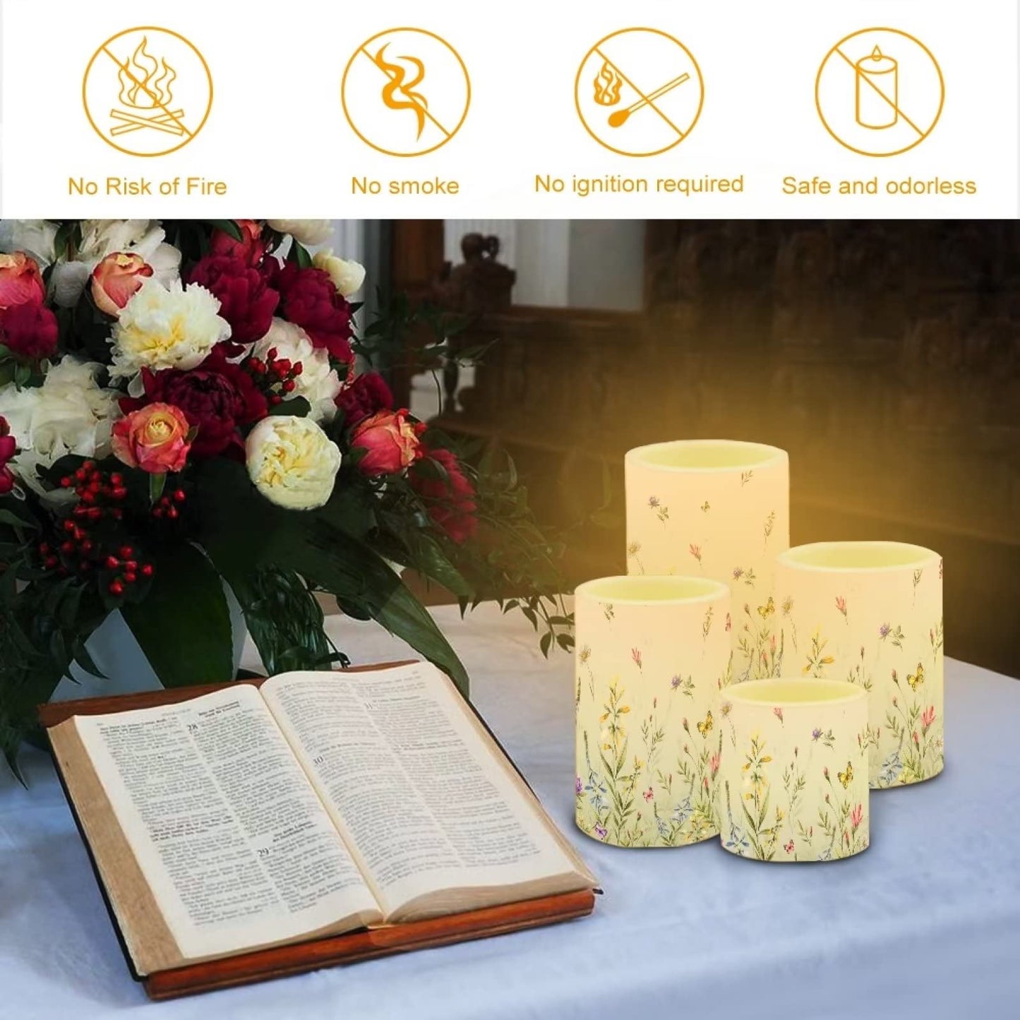 NETILGEN LED Flickering Candles Battery Operated Candles Set of 4 with Remote Control Timer Dancing Flame Pillar Candles Home Table Decoration, Floral Green