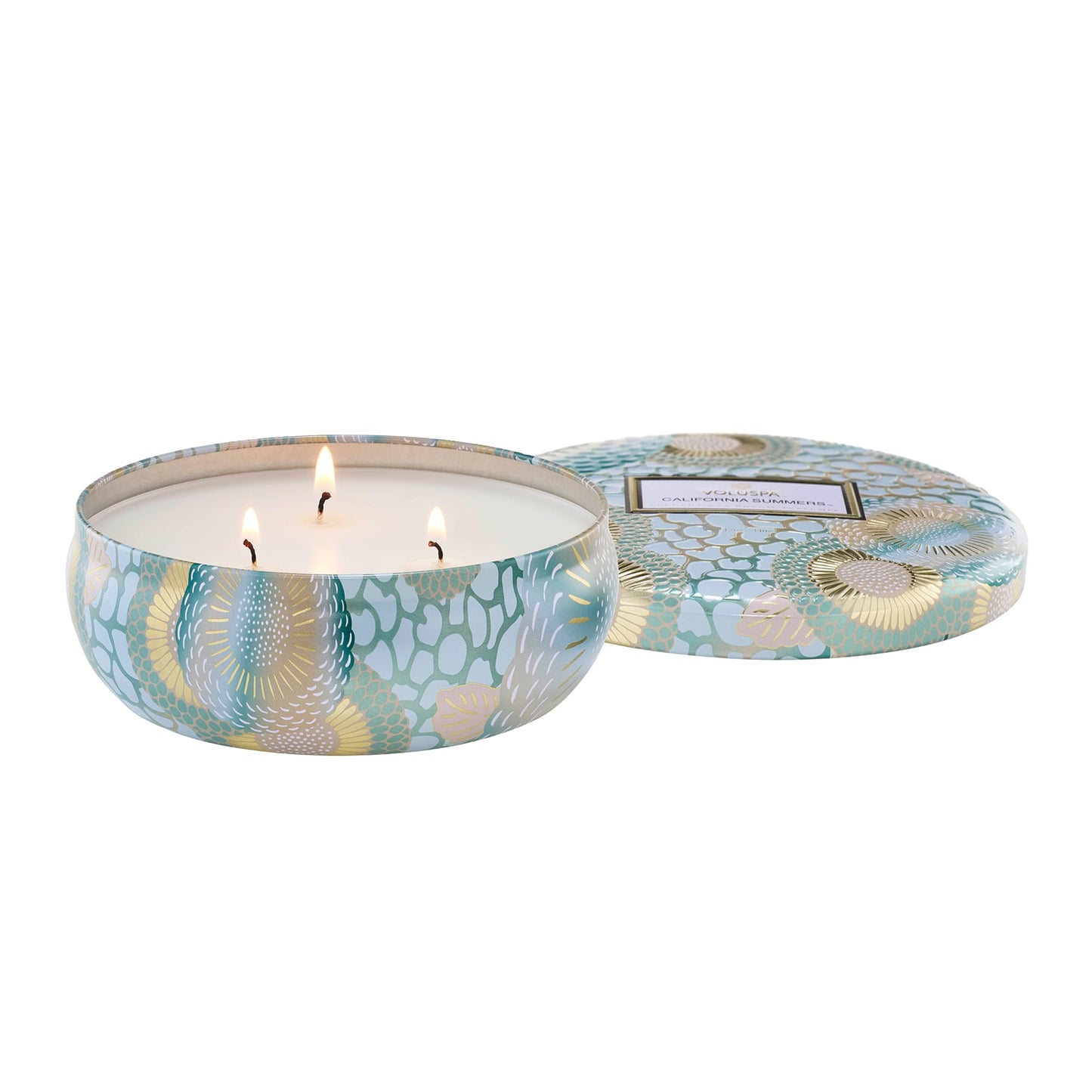 Voluspa California Summers Candle Tin, 12 oz, Coconut Wax Blend, 3 Wick Candle, Scented Candles for Home, 40 Hour Burn Time, Poured in the USA