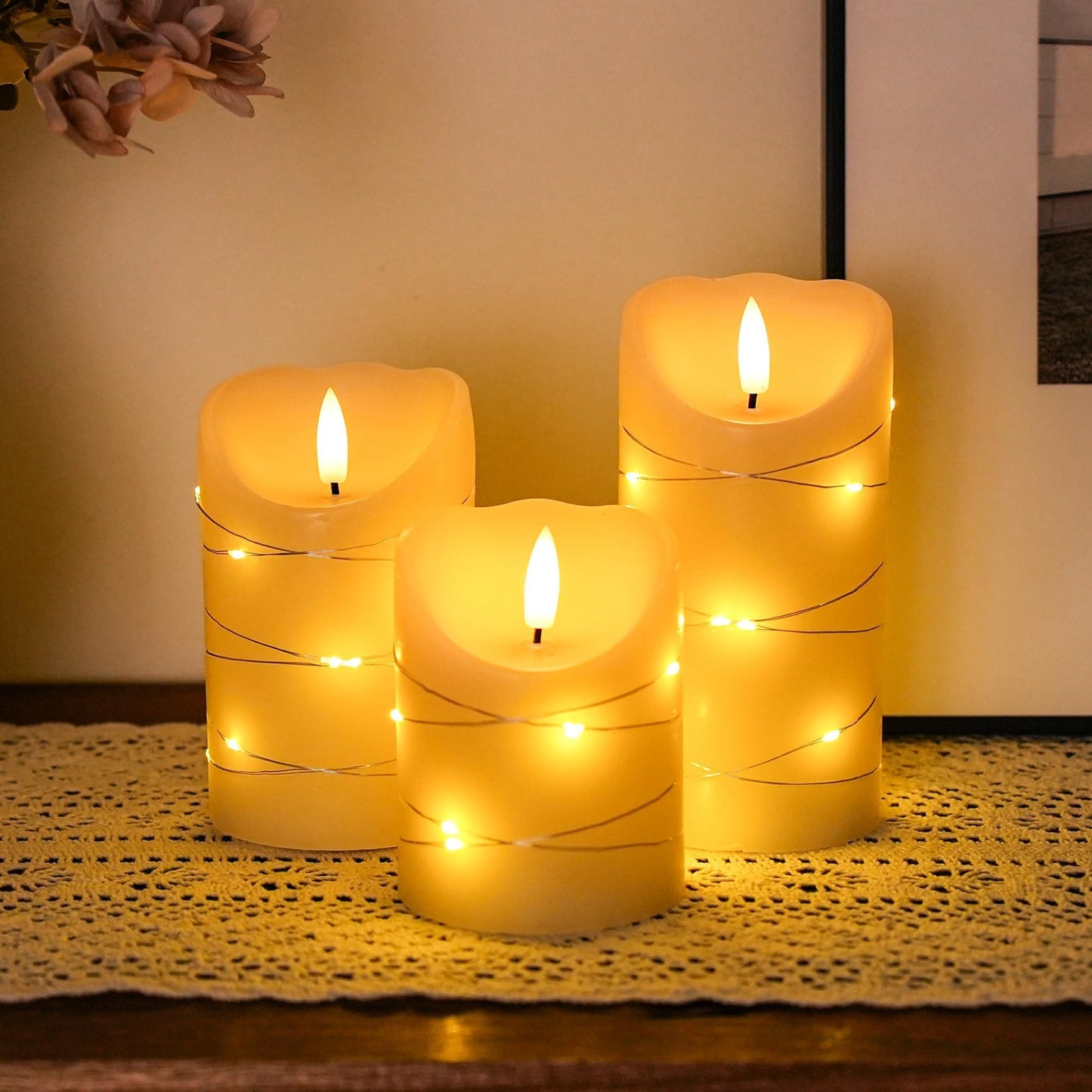 JHY DESIGN Flickering Flameless Candles Real Wax Electric with Embedded String Lights, Battery Operated Pillar LED Candles for Gift, Christmas & Home Decorations, with Remote & Timer, Set of 3(Ivory)
